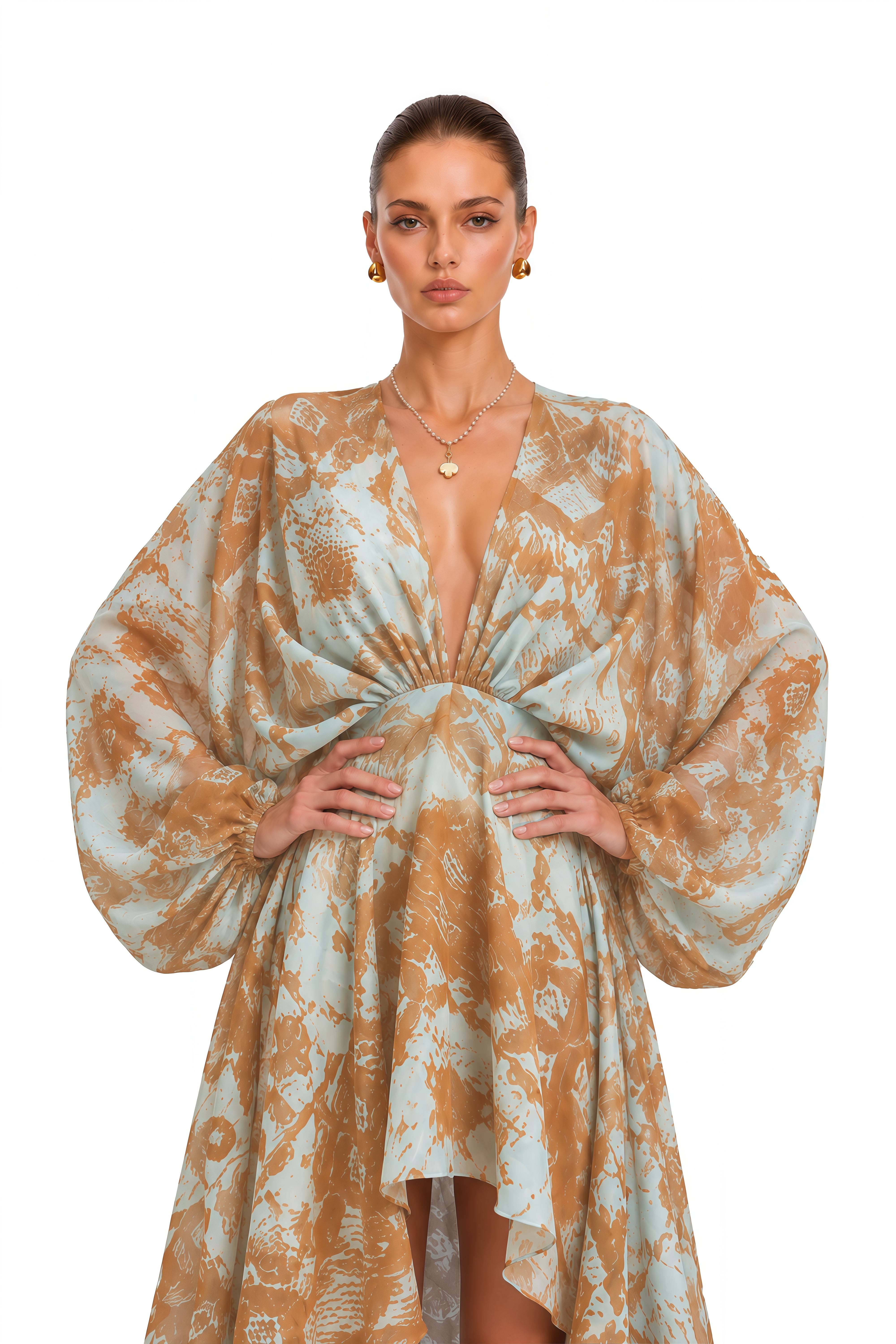 Ysoria Blue Printed Draped High-Low Maxi Dress