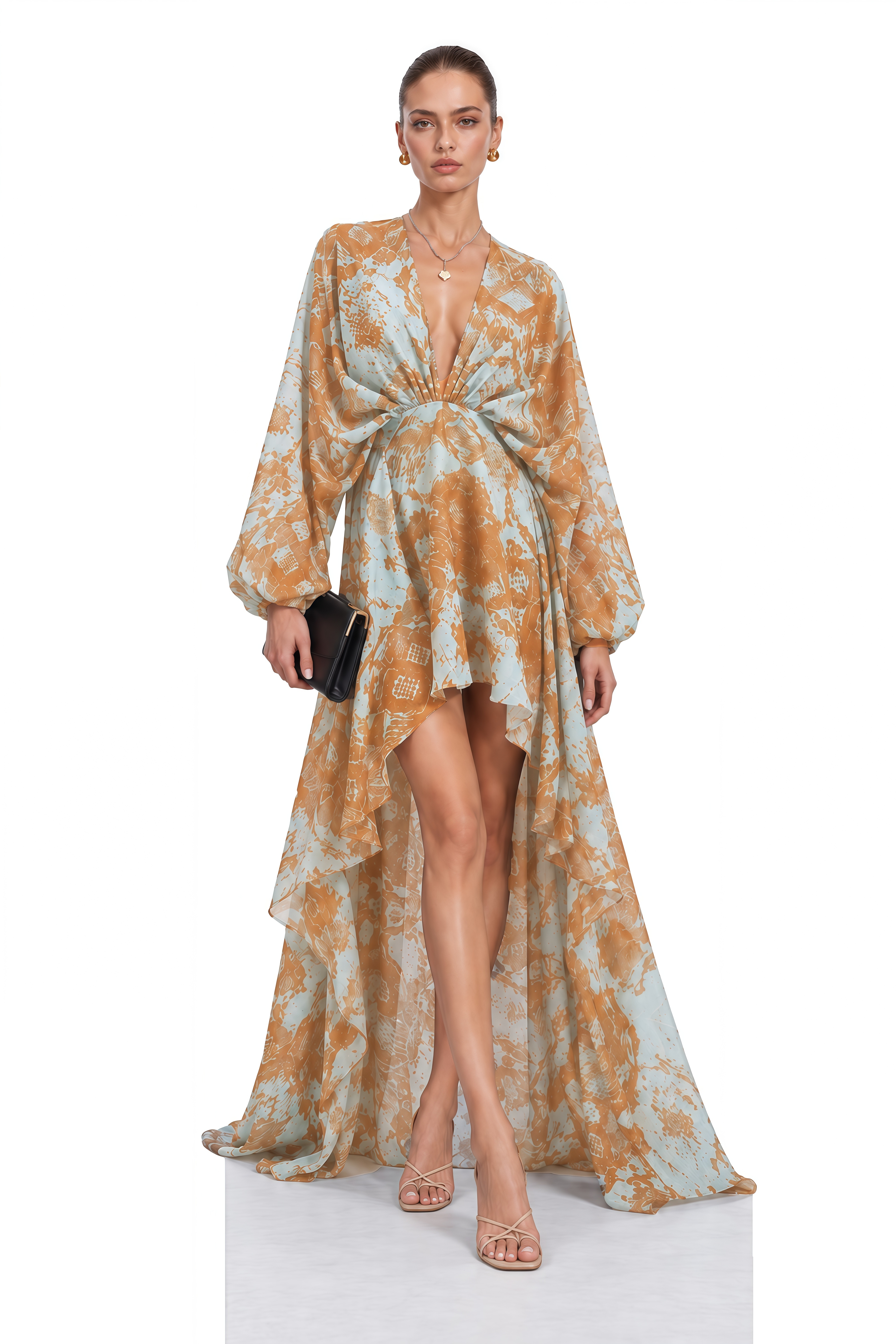 Ysoria Blue Printed Draped High-Low Maxi Dress