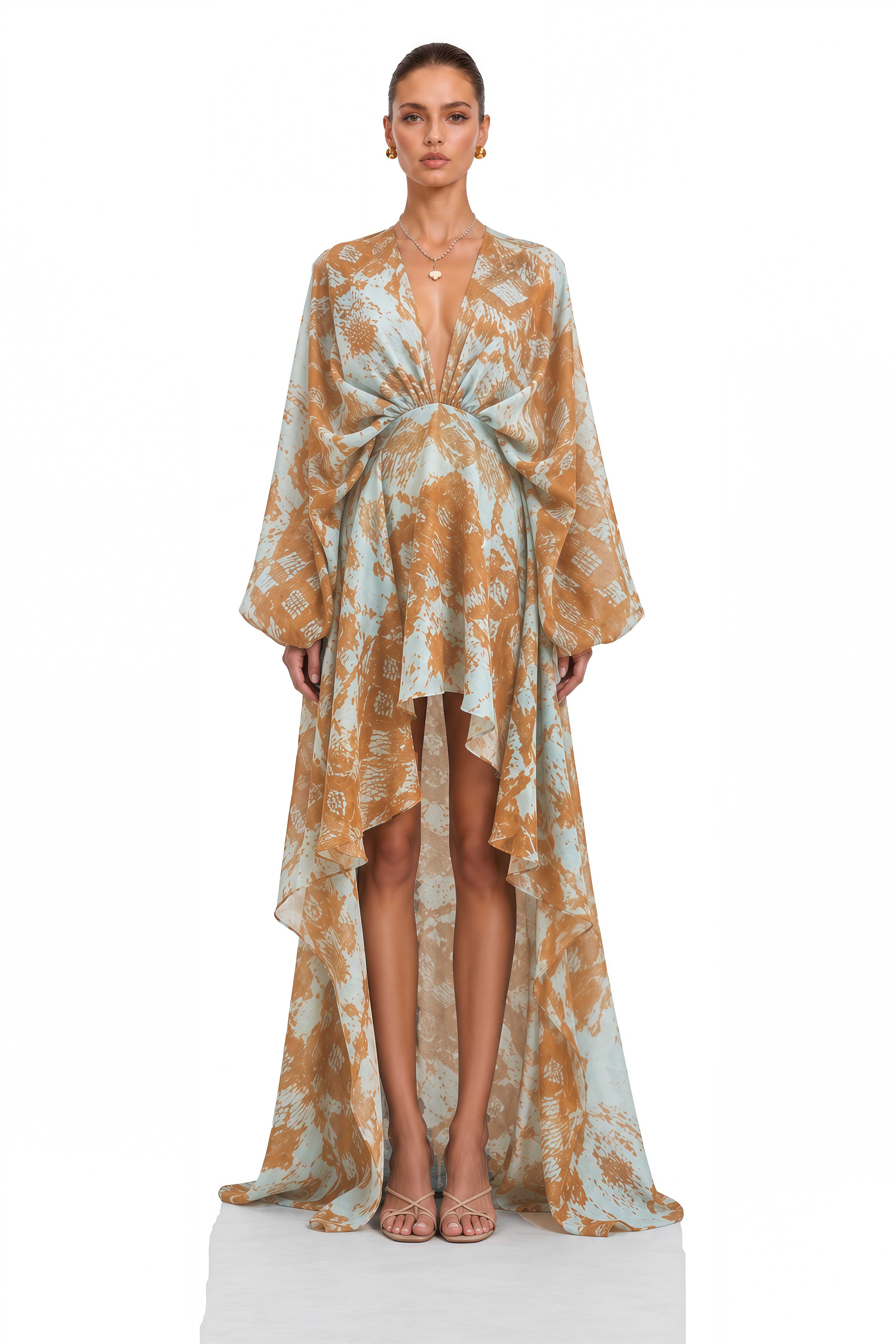 Ysoria Blue Printed Draped High-Low Maxi Dress