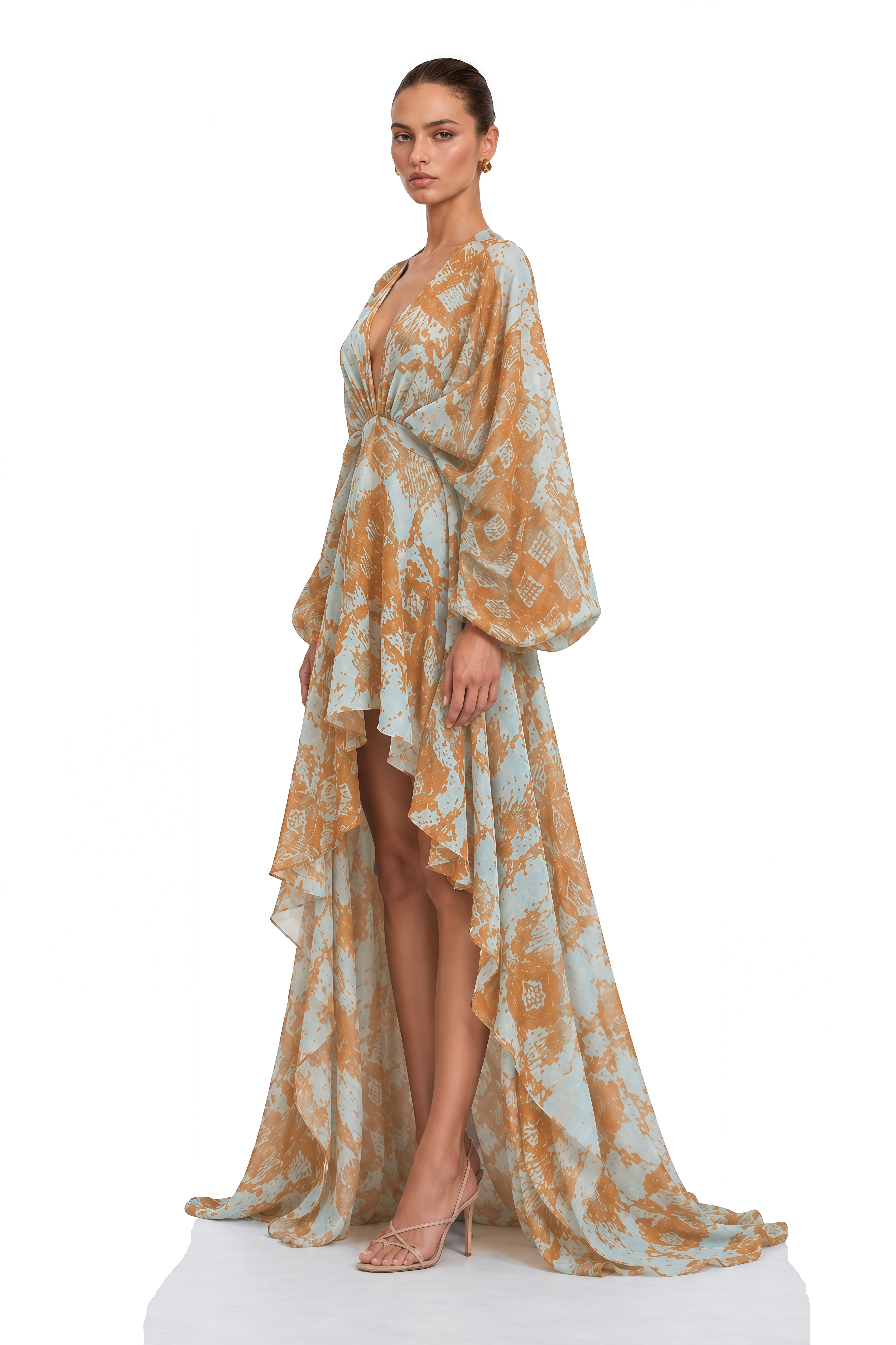 Ysoria Blue Printed Draped High-Low Maxi Dress