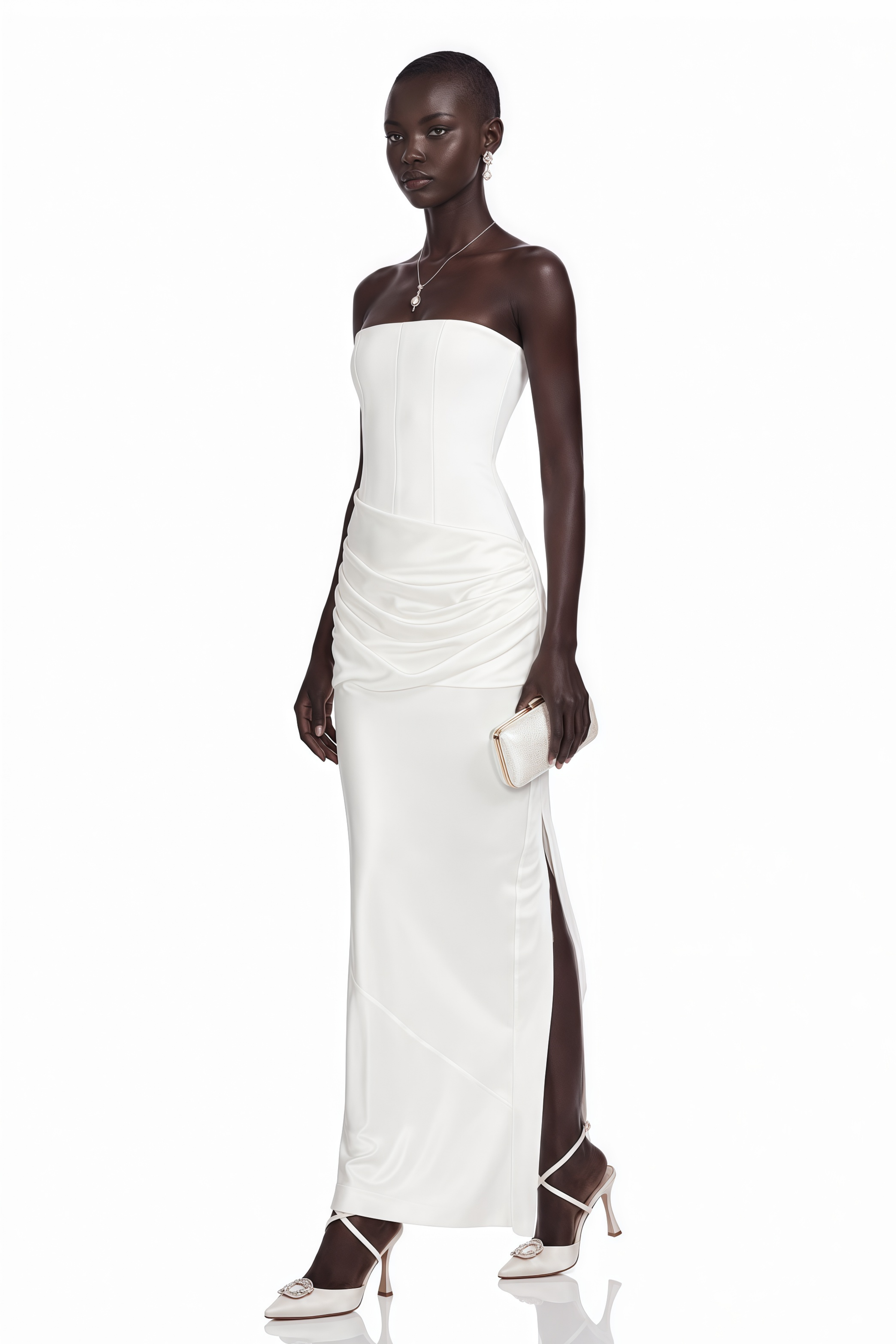 Yuliana White Ruched Satin Maxi Dress with Side Slit
