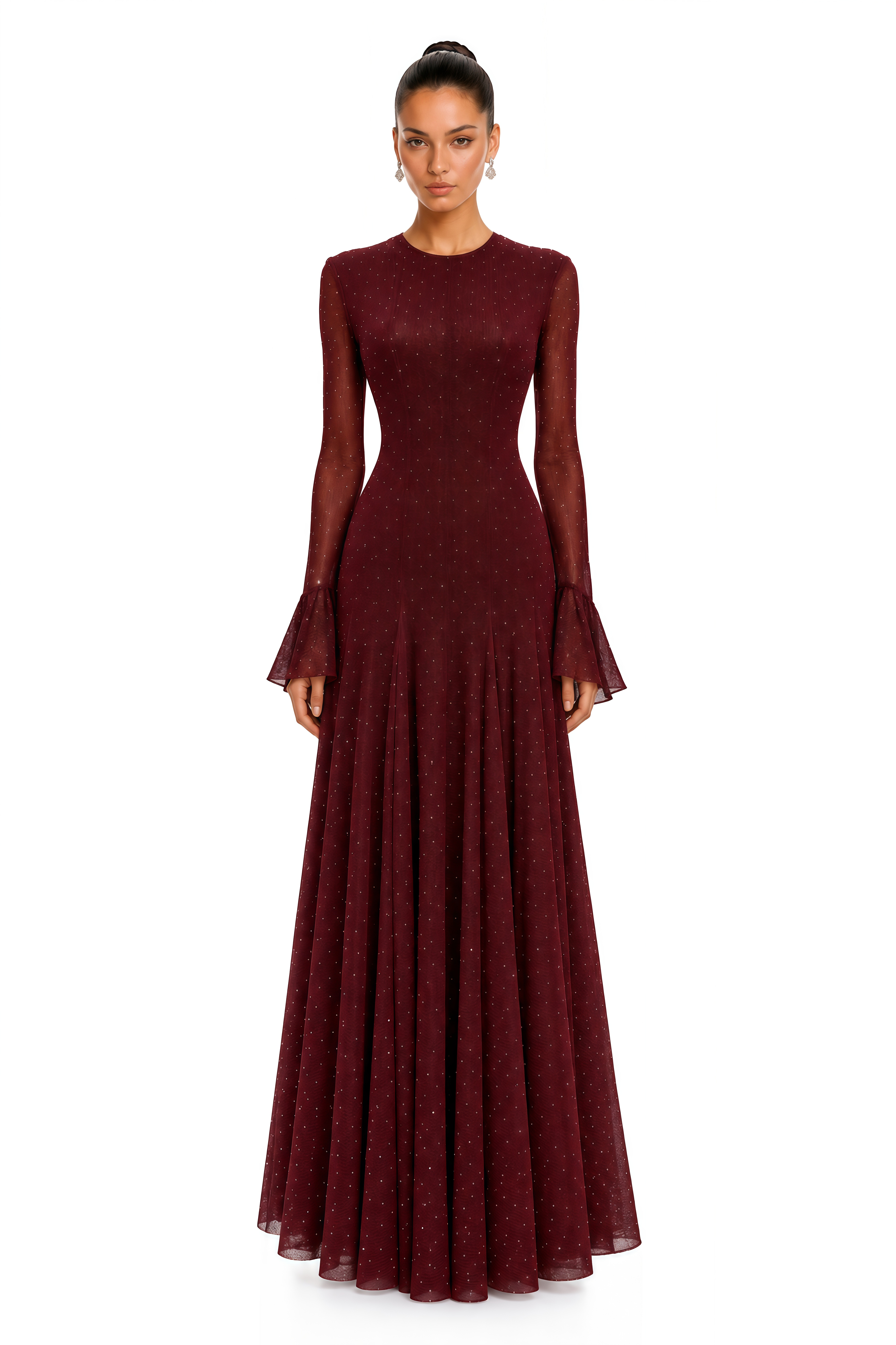 Zafira Burgundy Flare Sleeve Polka Dot Maxi Dress