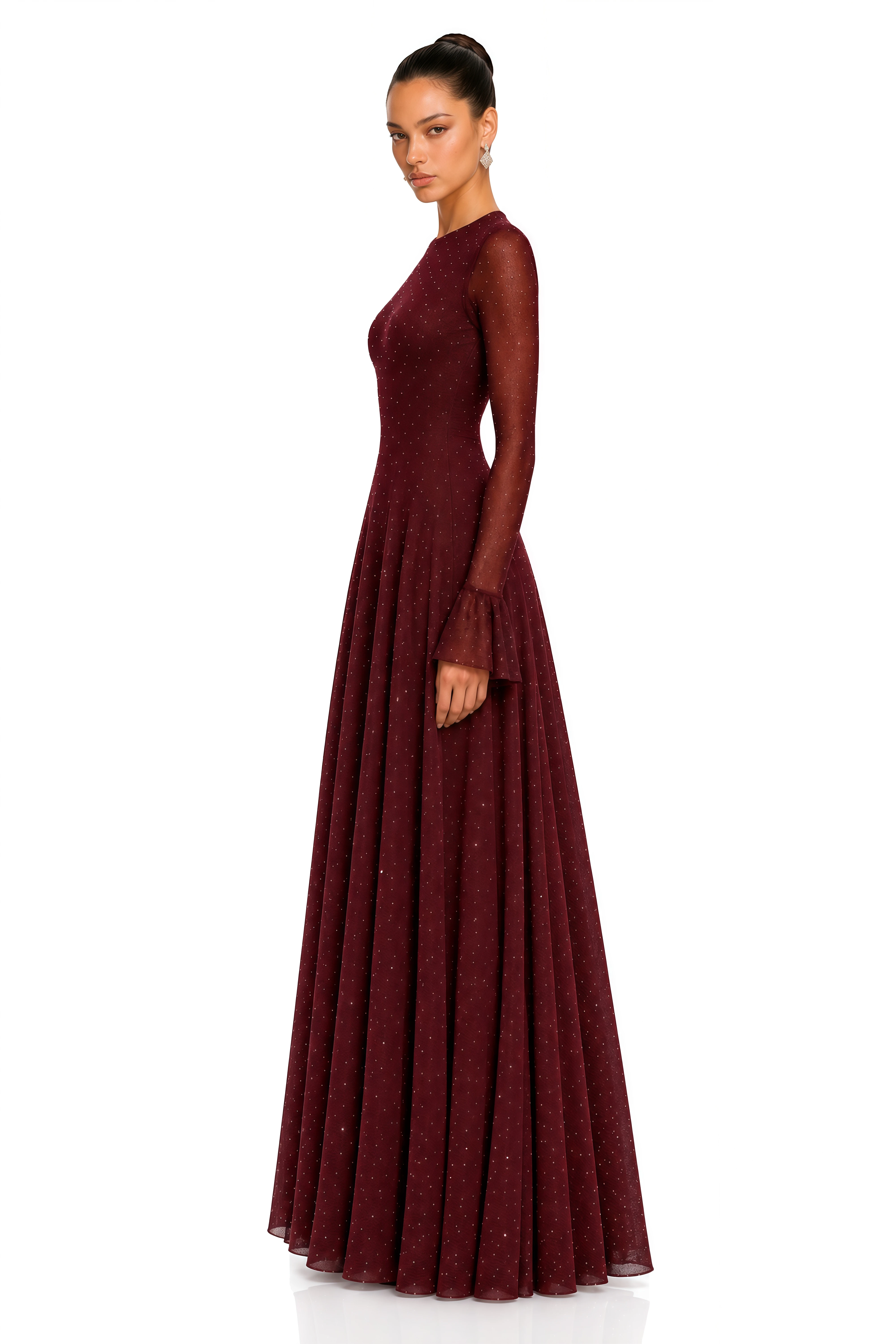 Zafira Burgundy Flare Sleeve Polka Dot Maxi Dress
