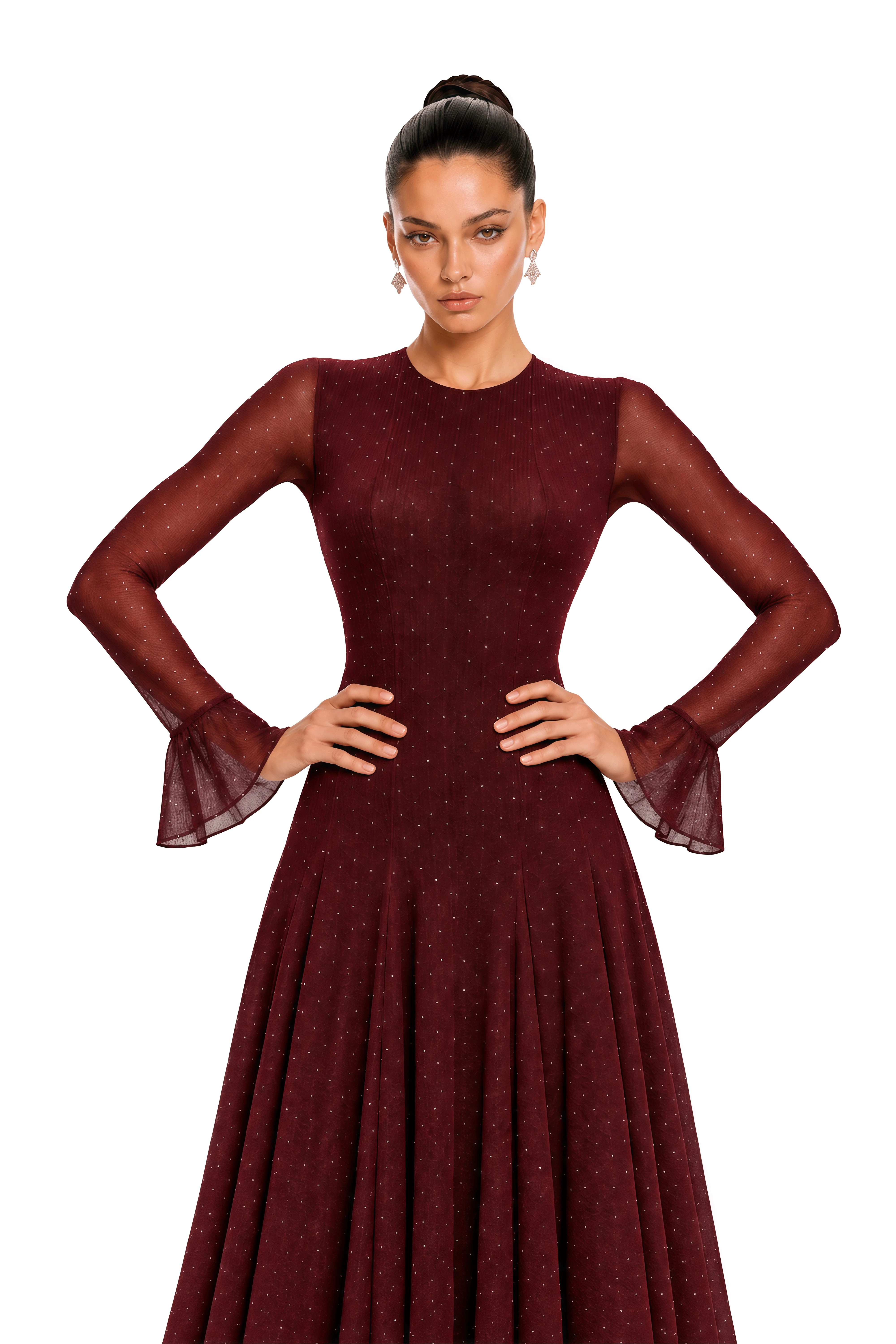 Zafira Burgundy Flare Sleeve Polka Dot Maxi Dress