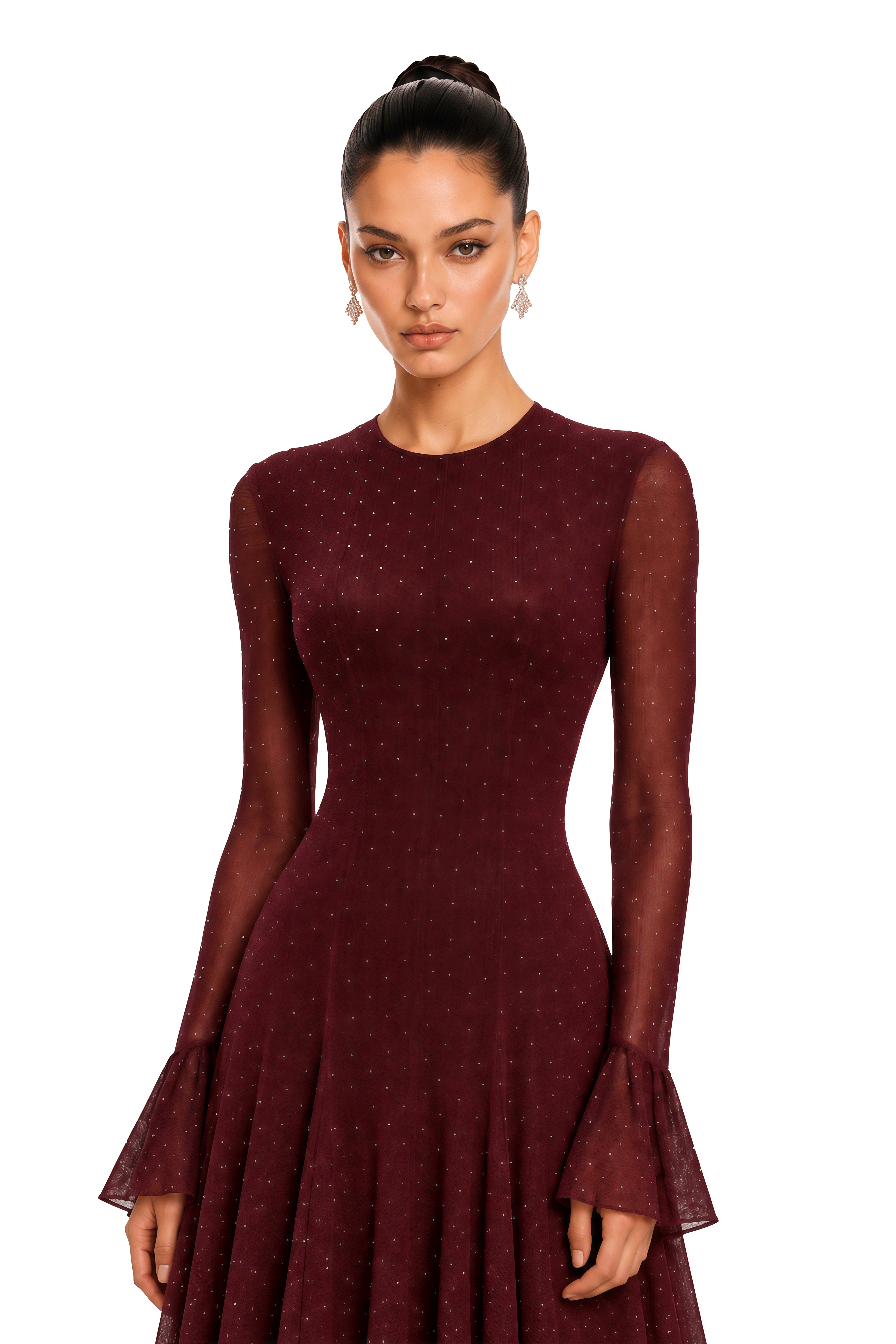 Zafira Burgundy Flare Sleeve Polka Dot Maxi Dress