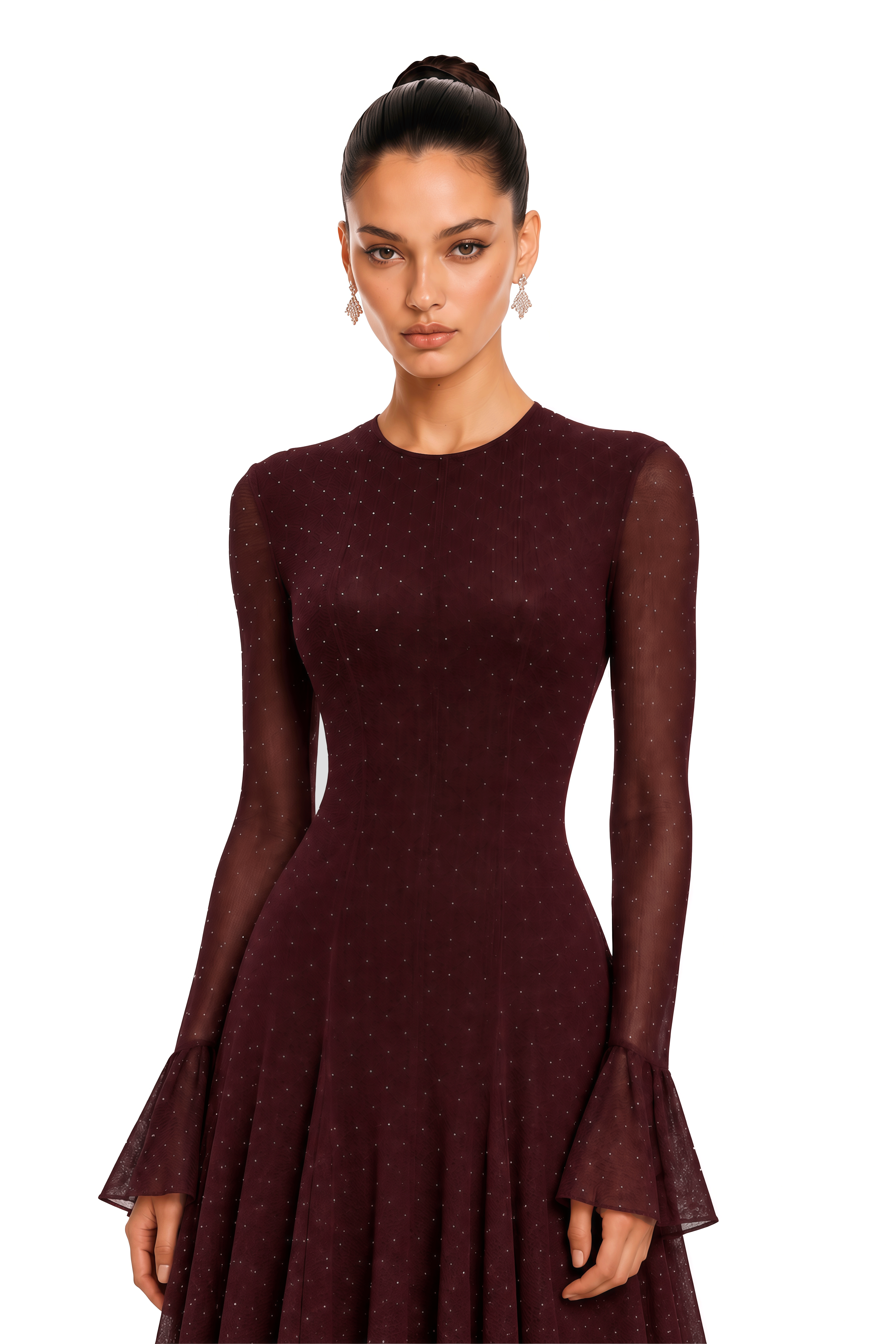 Zafira Burgundy Flare Sleeve Polka Dot Maxi Dress