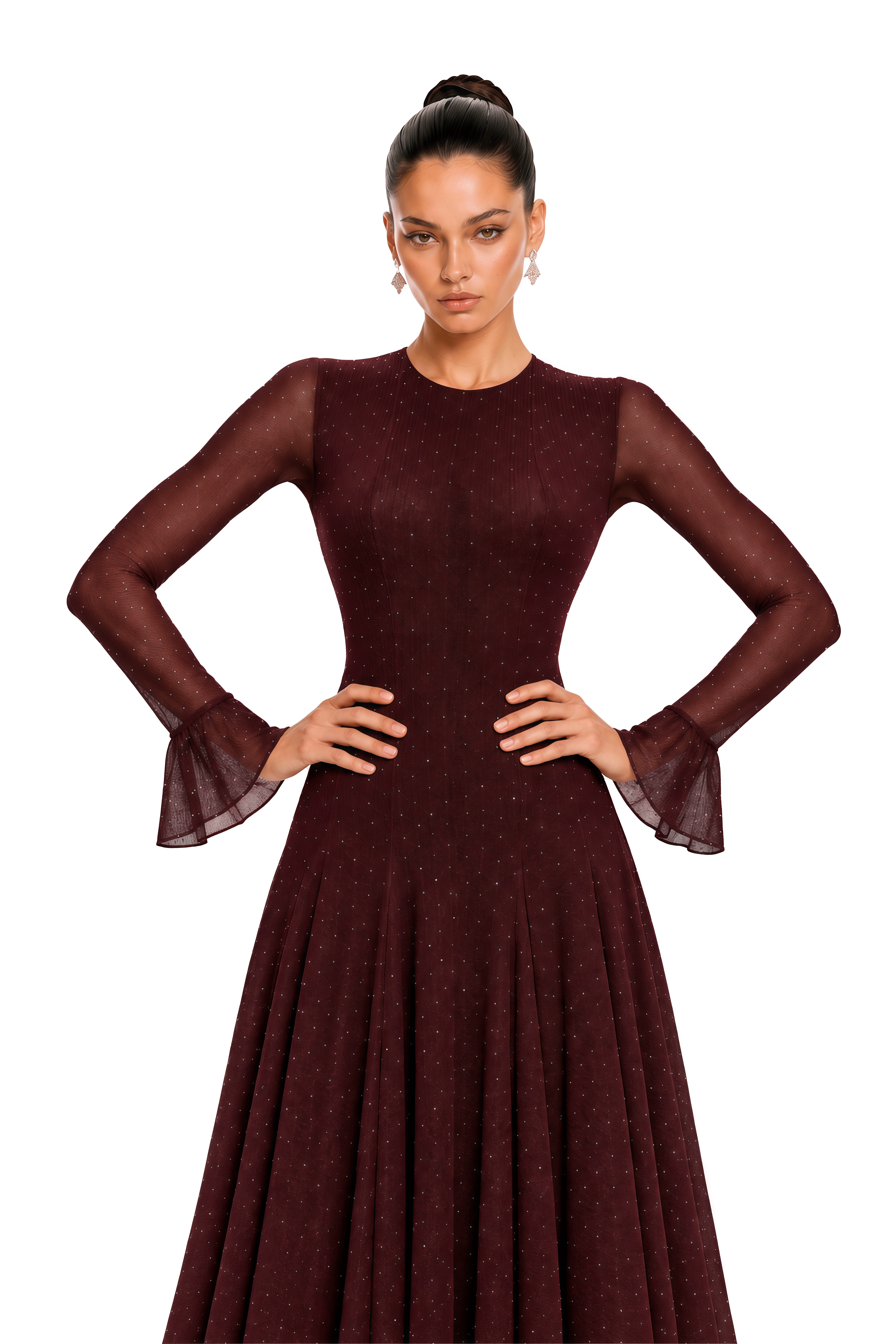 Zafira Burgundy Flare Sleeve Polka Dot Maxi Dress
