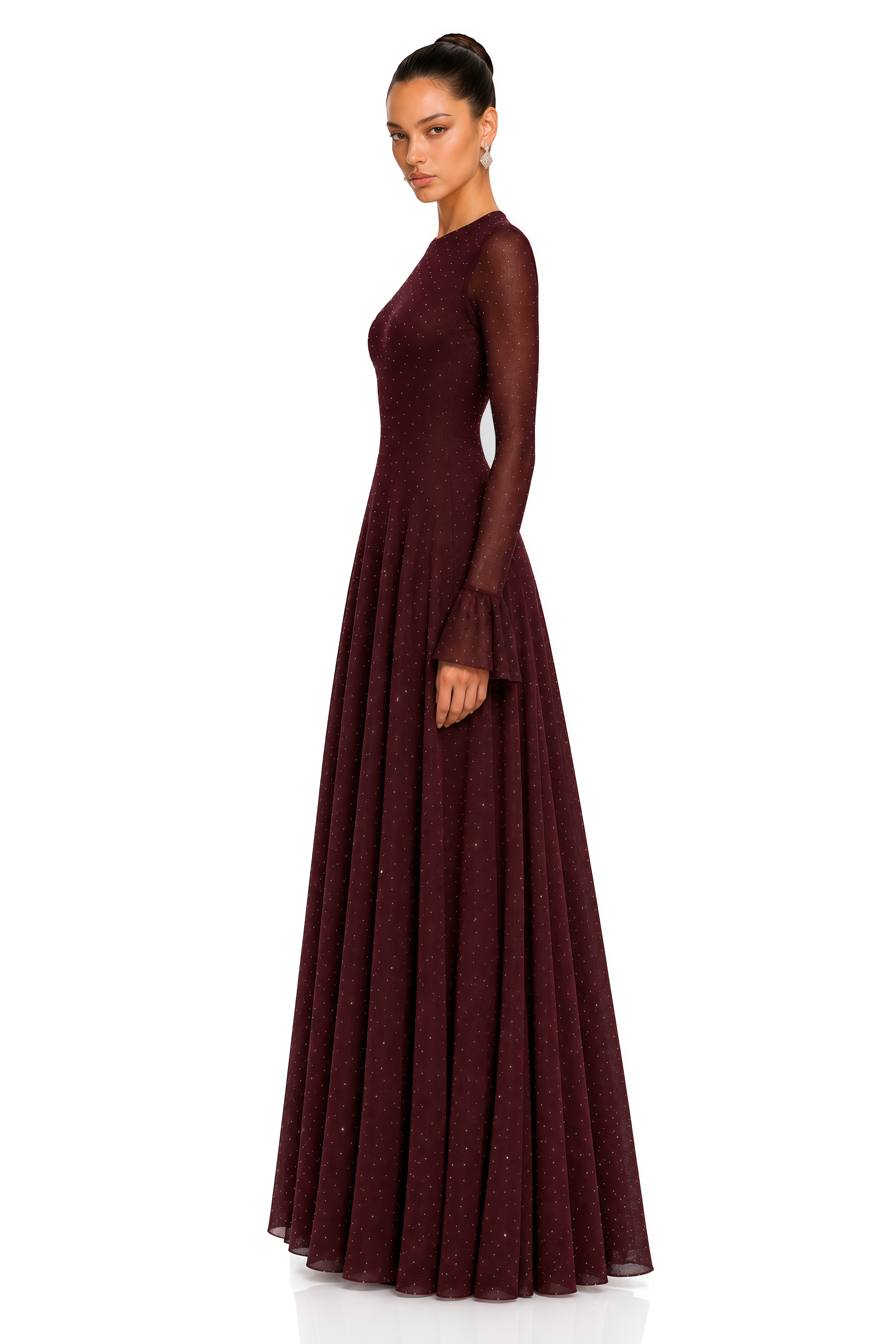 Zafira Burgundy Flare Sleeve Polka Dot Maxi Dress