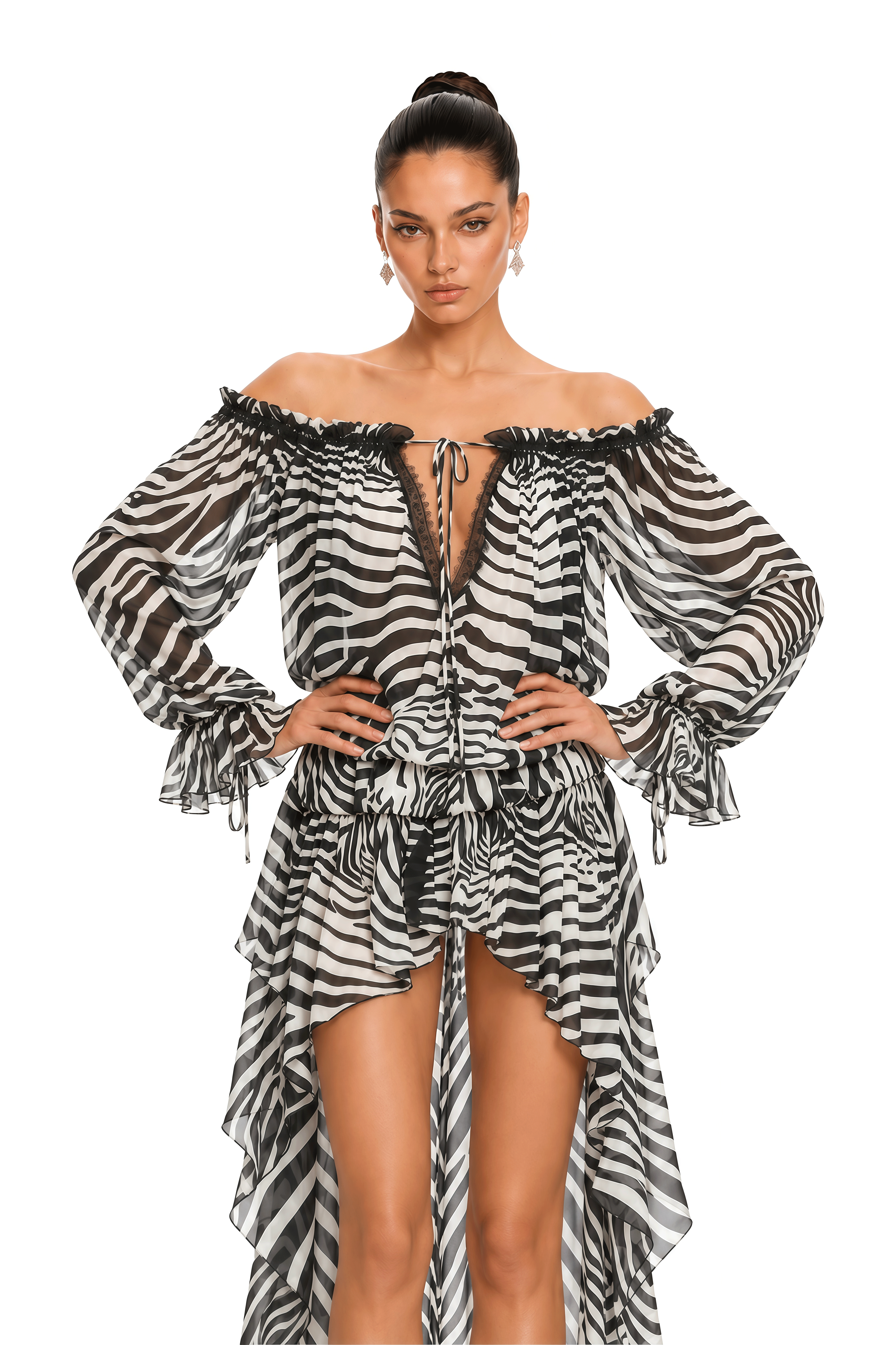 Zafira Black Zebra Print Off Shoulder Ruffle Mini Dress