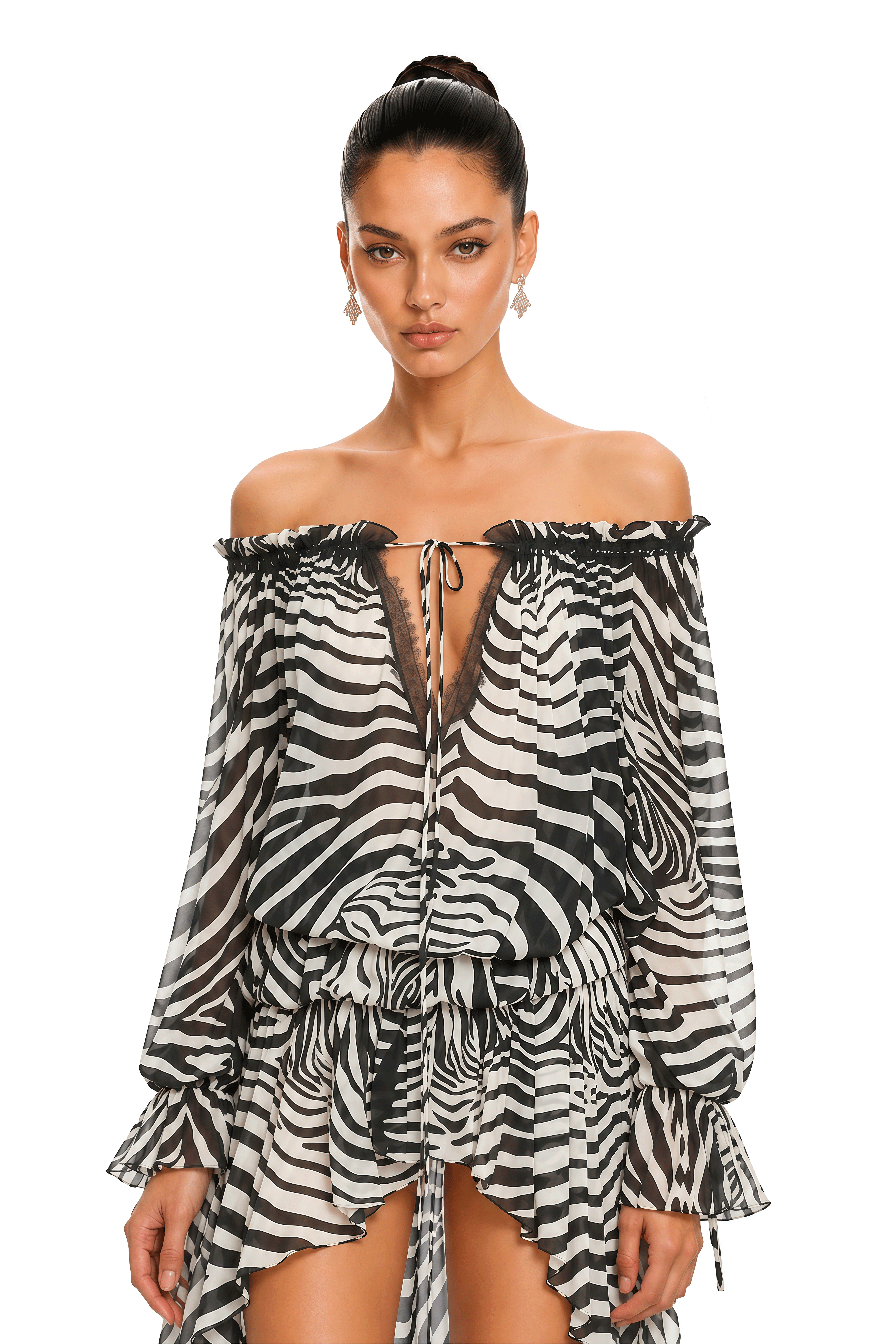 Zafira Black Zebra Print Off Shoulder Ruffle Mini Dress