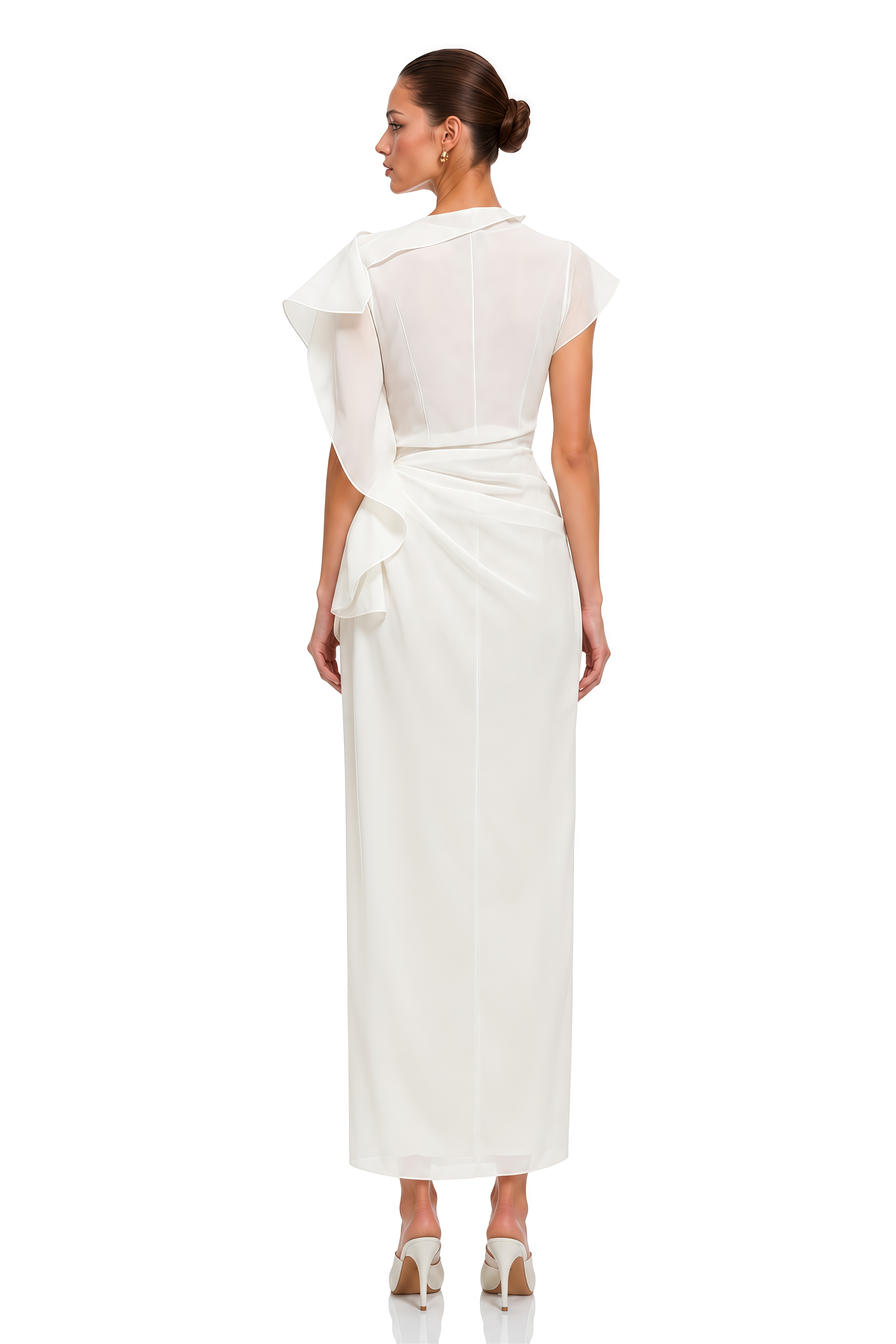 Zarina White Asymmetrical Ruffle Draped Maxi Dress