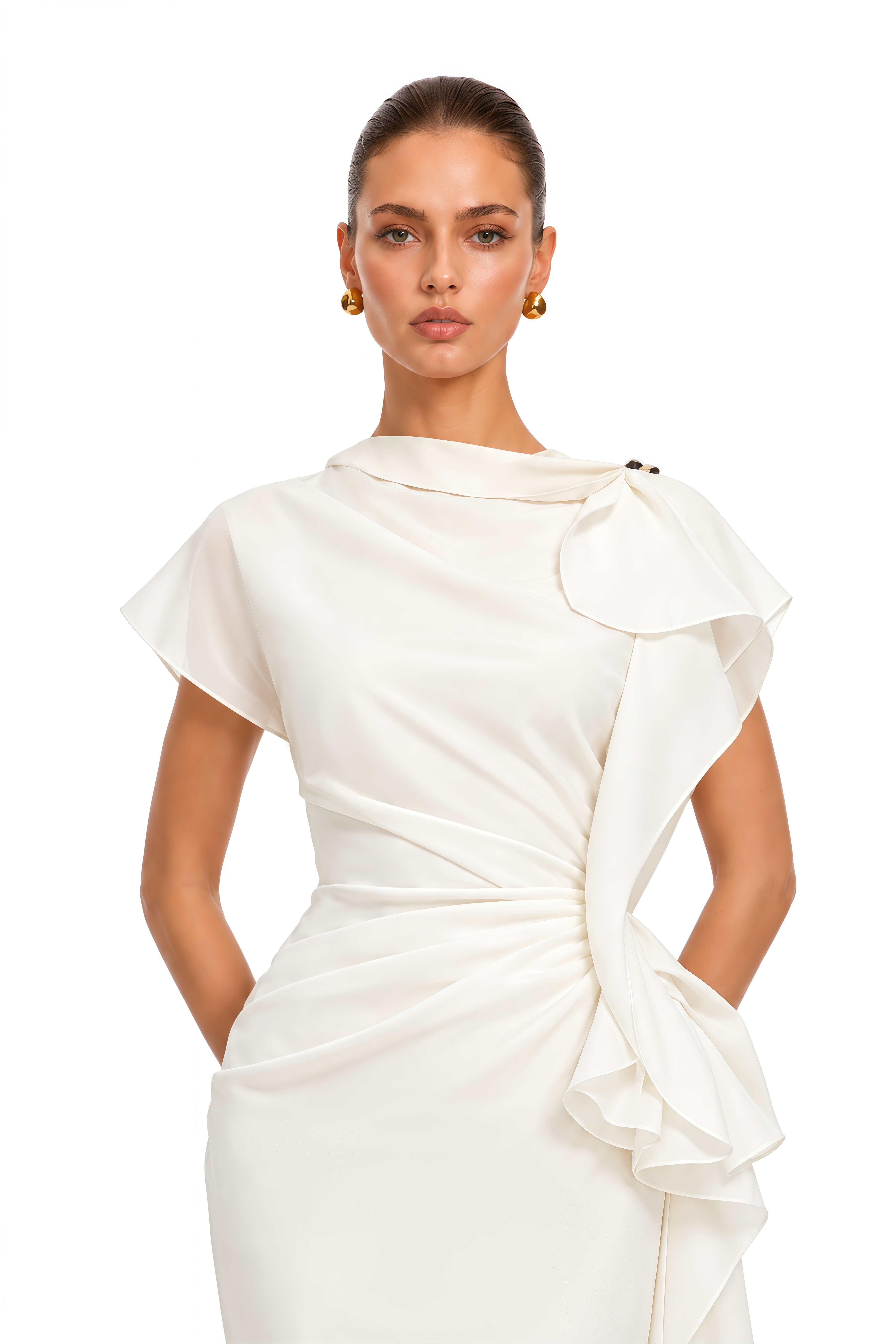 Zarina White Asymmetrical Ruffle Draped Maxi Dress