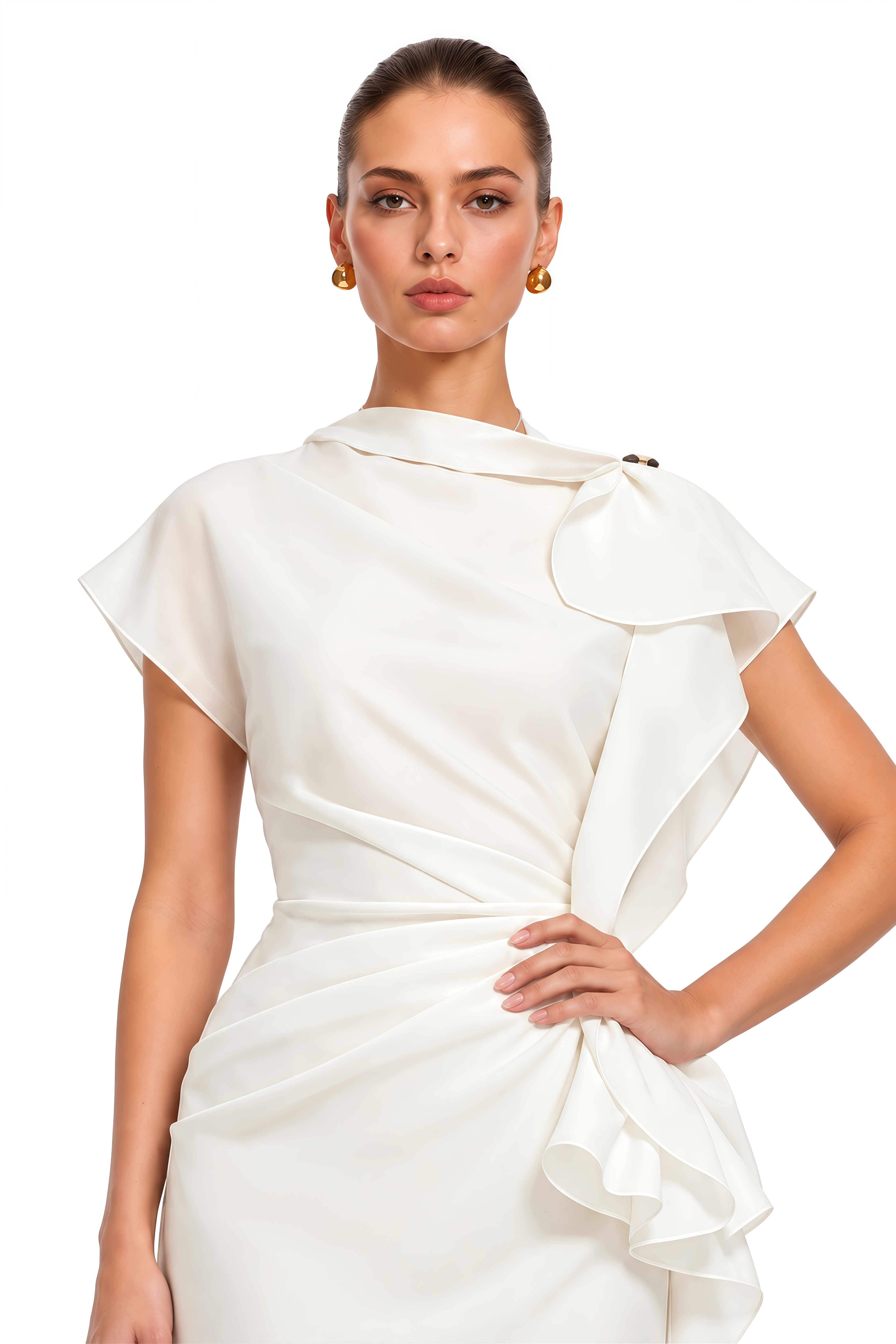 Zarina White Asymmetrical Ruffle Draped Maxi Dress