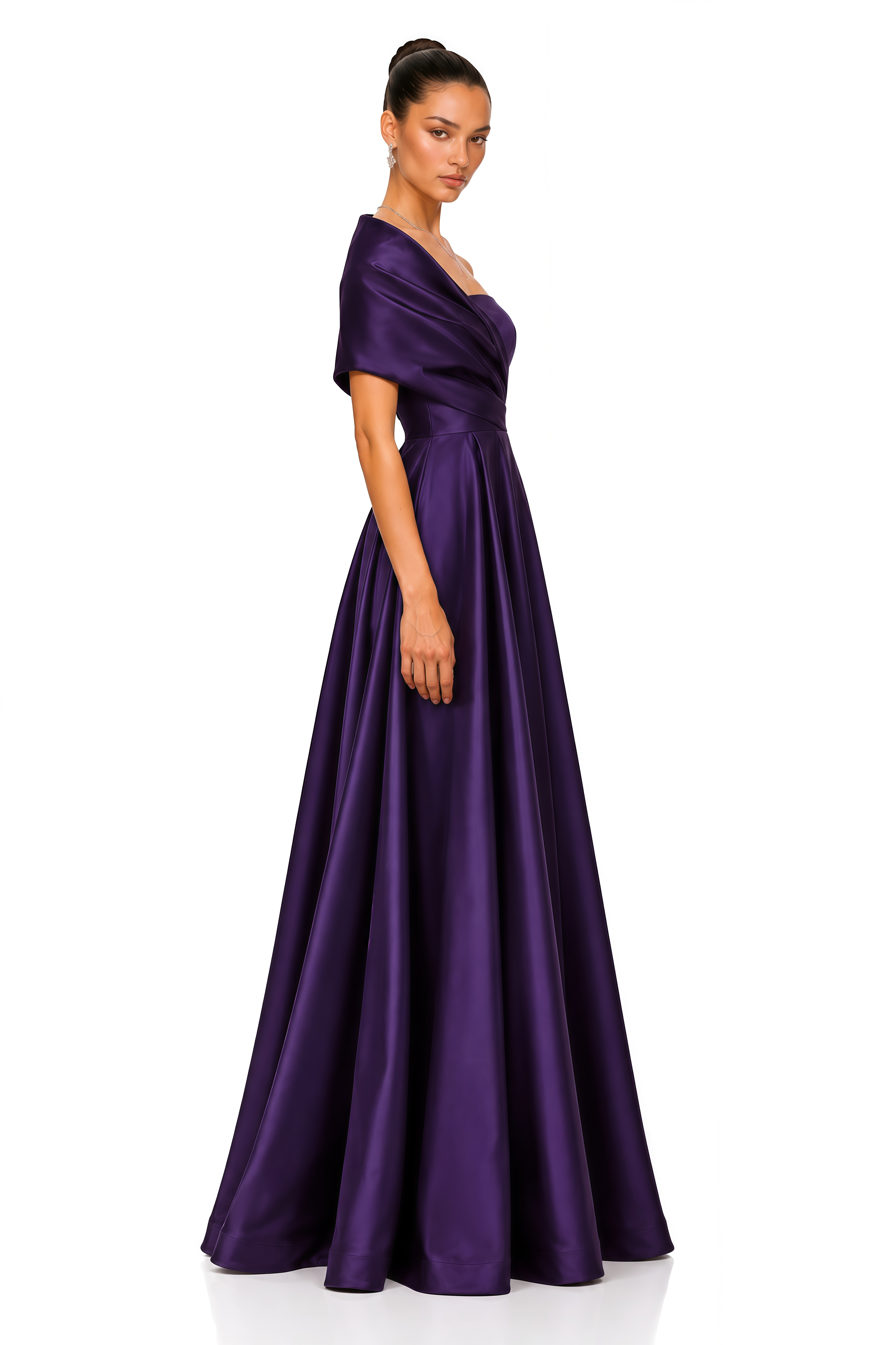 Zarish Deep Purple Asymmetrical Draped Satin Maxi Gown