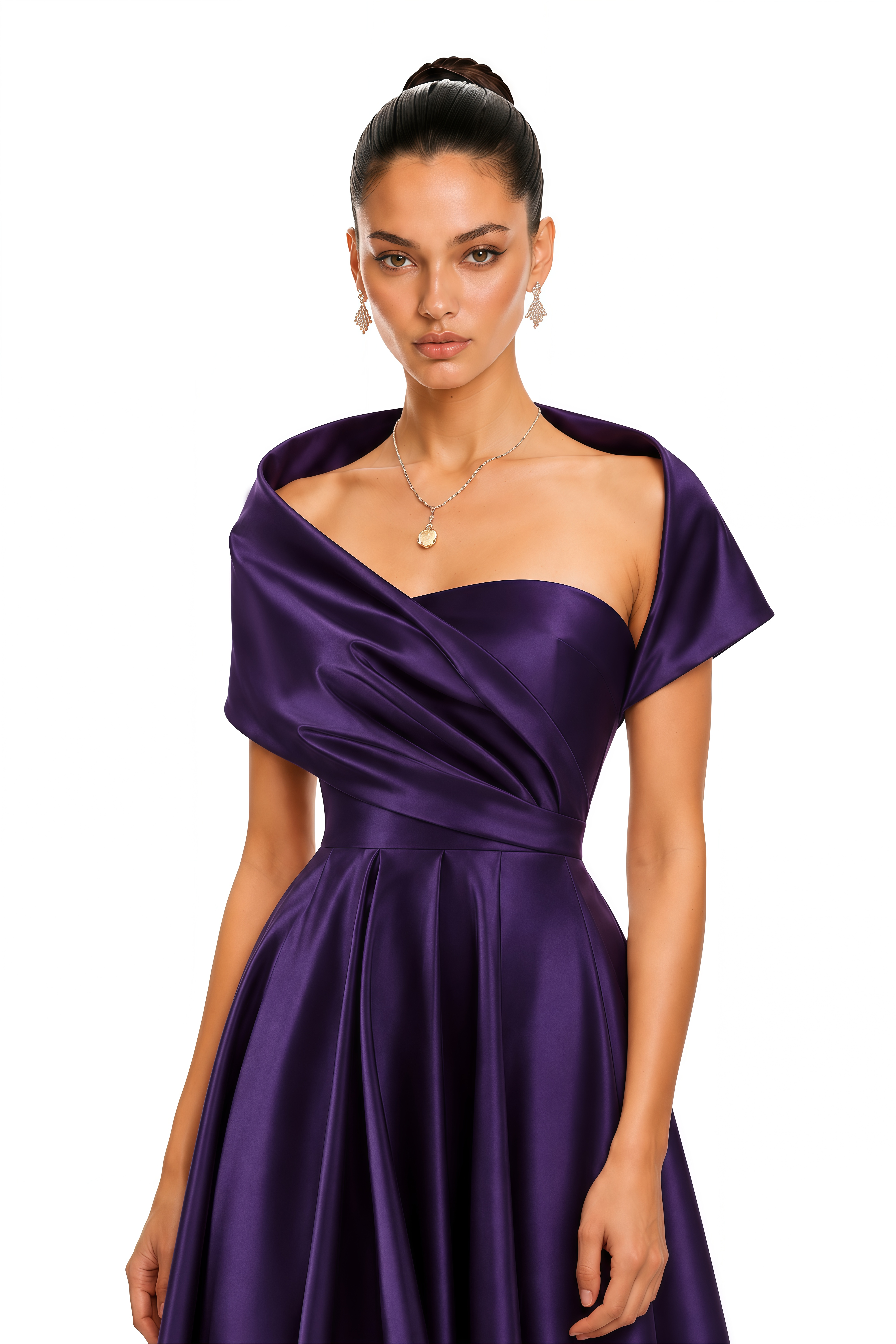 Zarish Deep Purple Asymmetrical Draped Satin Maxi Gown