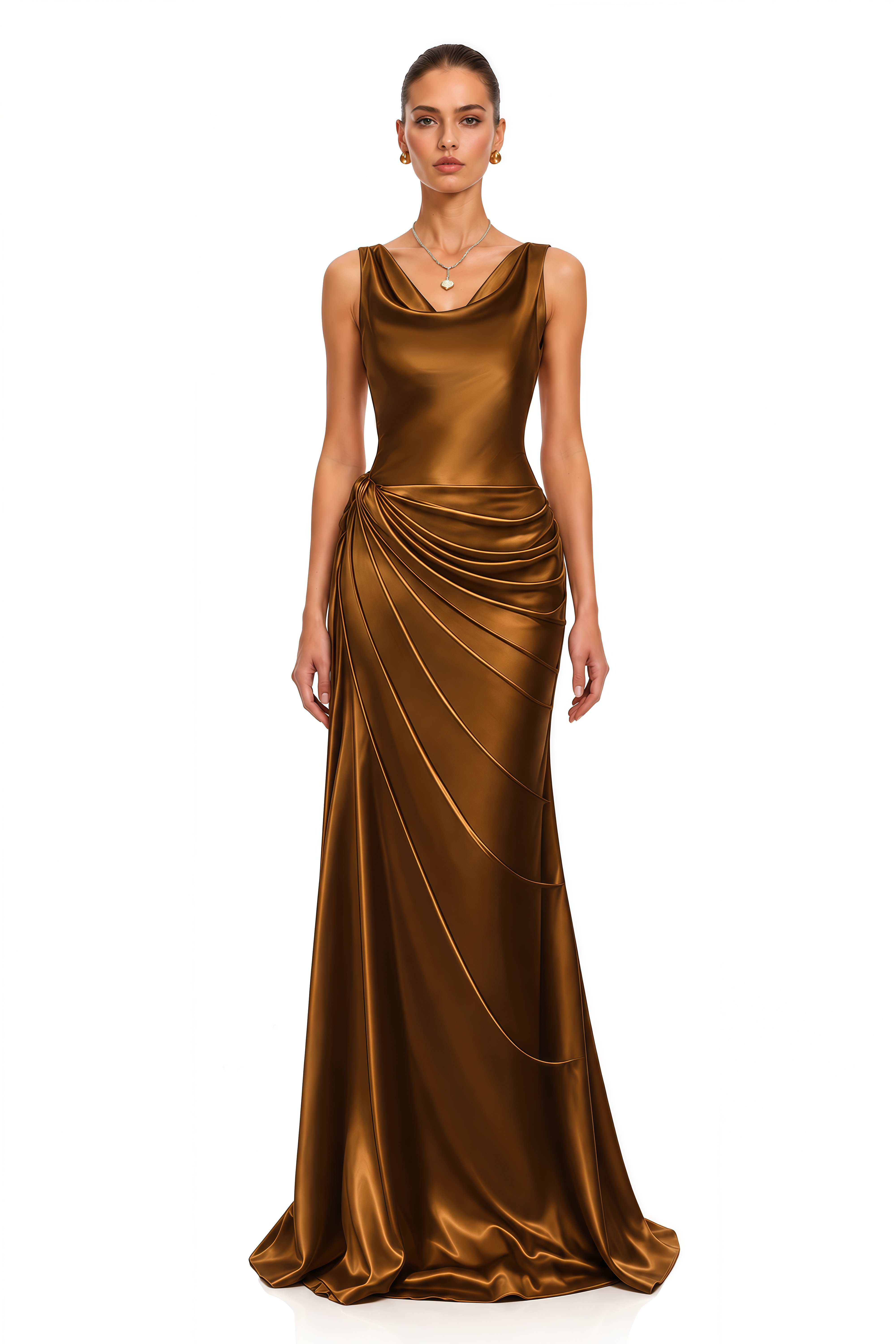 Zarwa Brown Satin Cowl Neck Ruched Maxi Dress