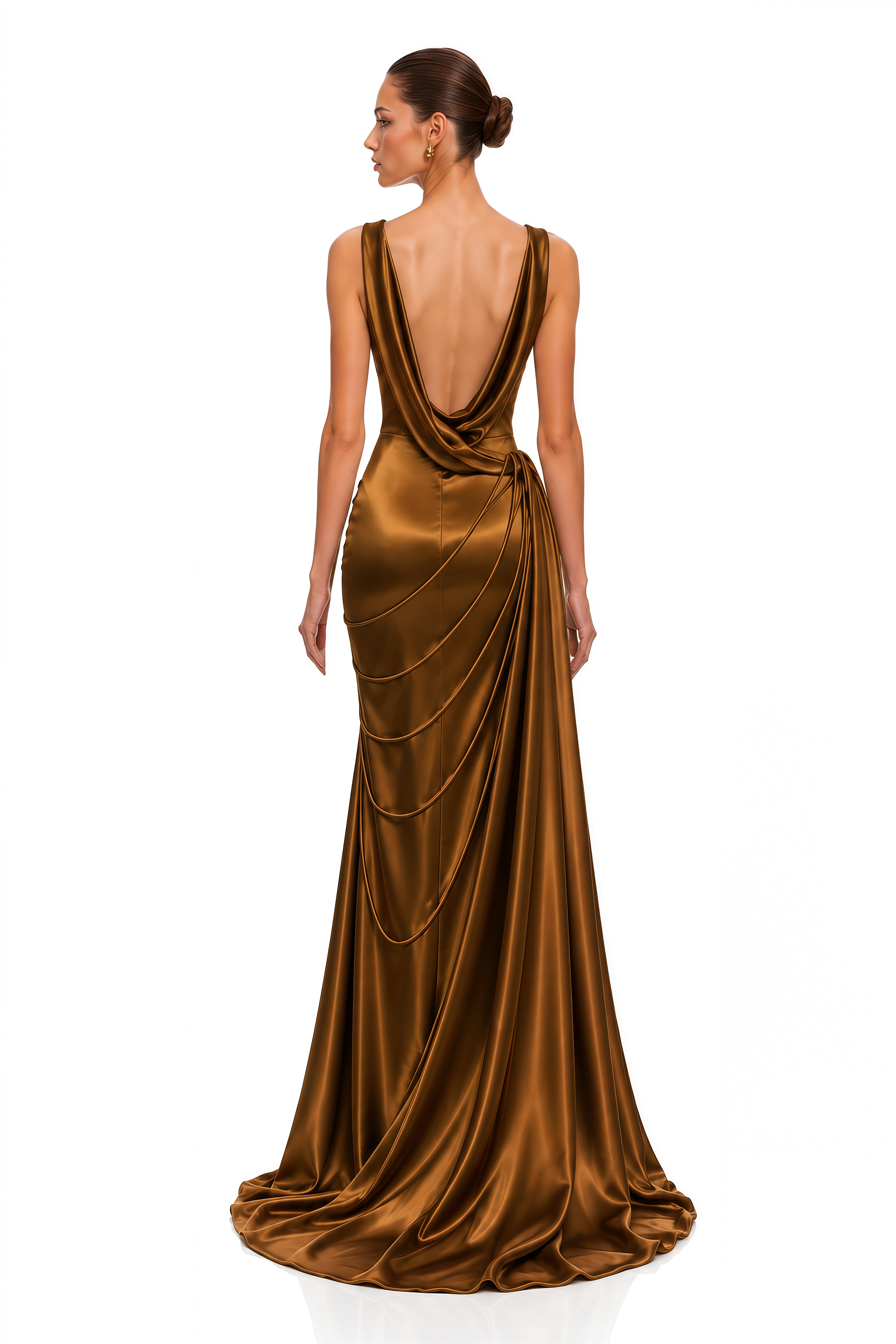 Zarwa Brown Satin Cowl Neck Ruched Maxi Dress