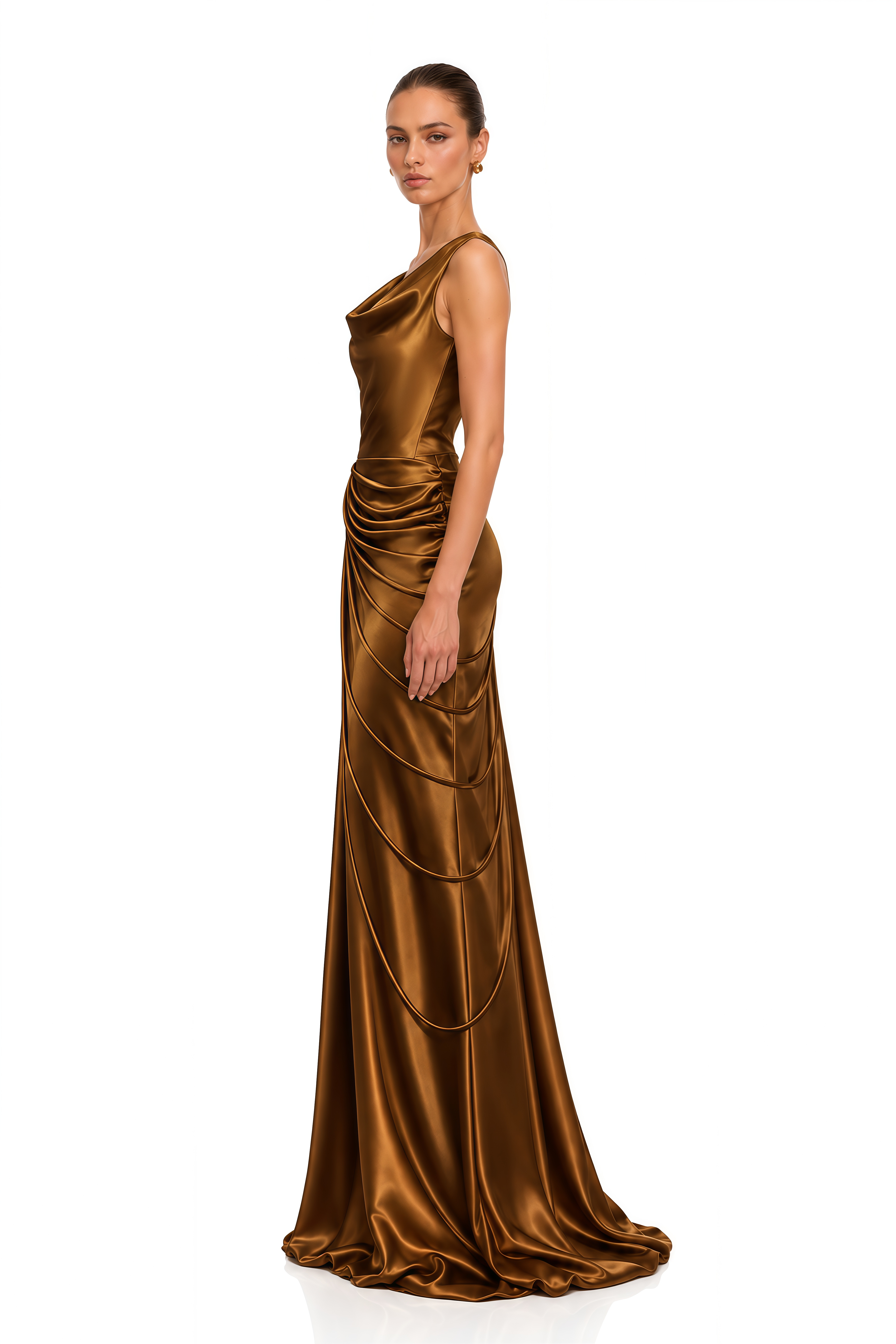 Zarwa Brown Satin Cowl Neck Ruched Maxi Dress