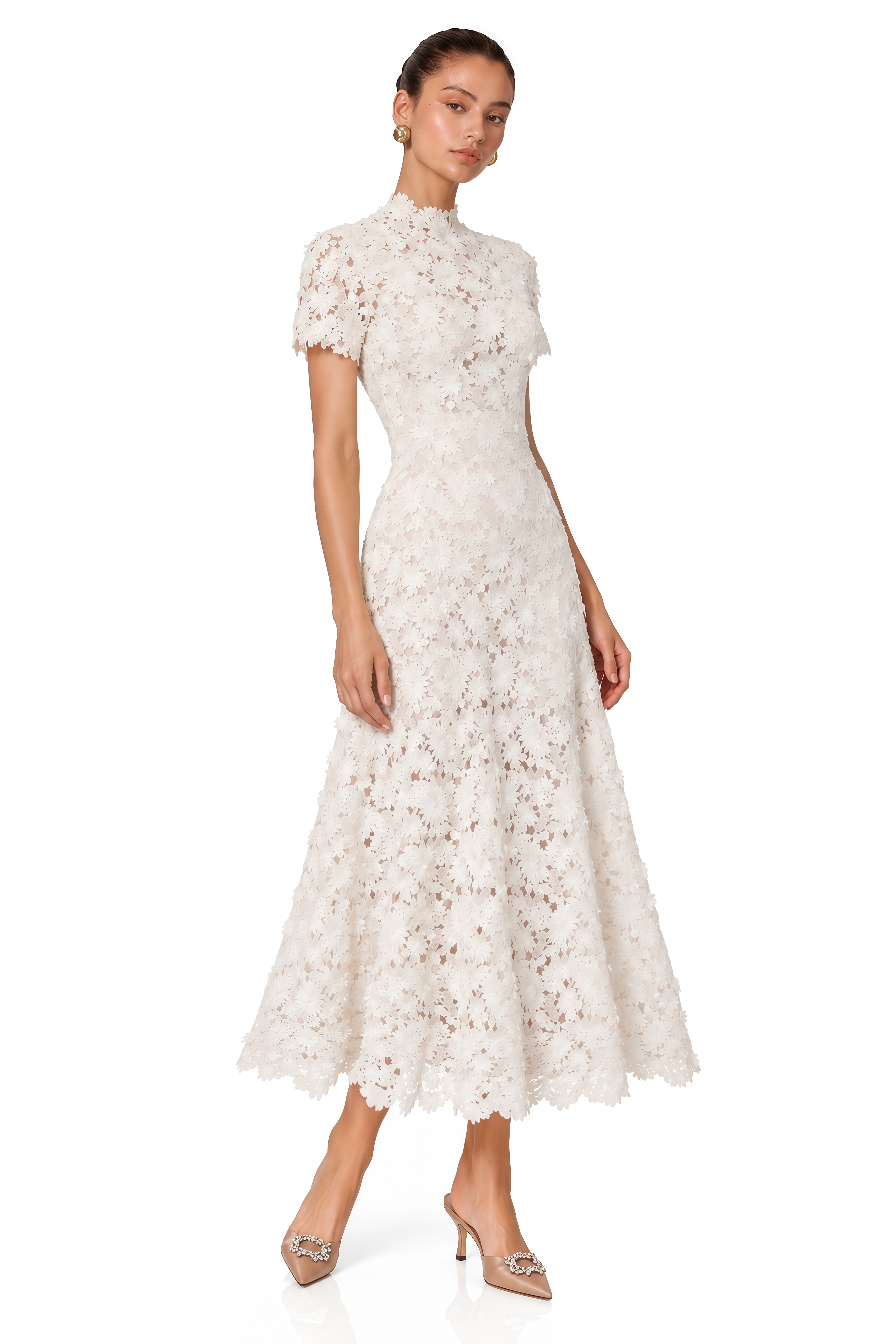 Zdena White Floral Lace Short Sleeve Midi Dress