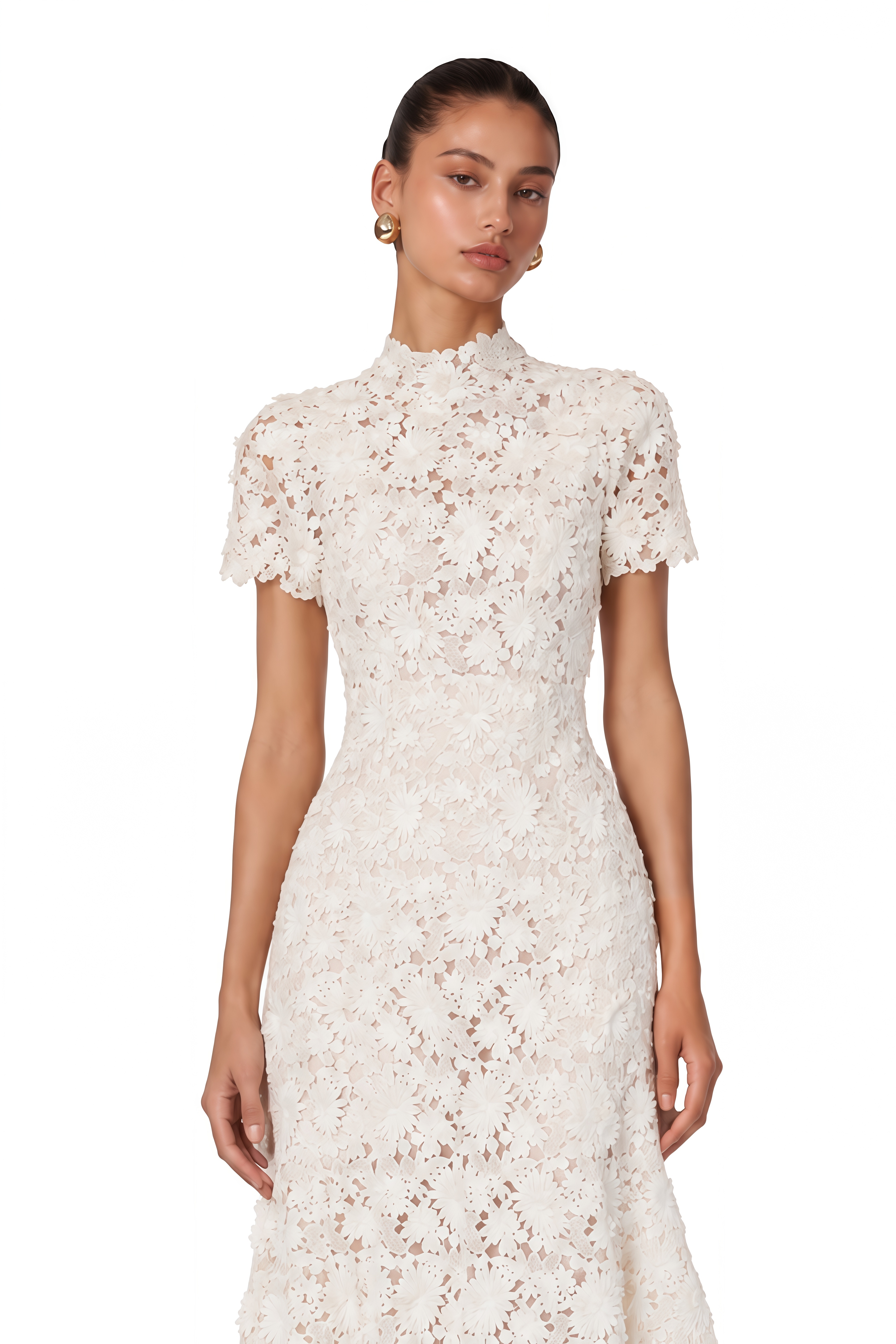 Zdena White Floral Lace Short Sleeve Midi Dress