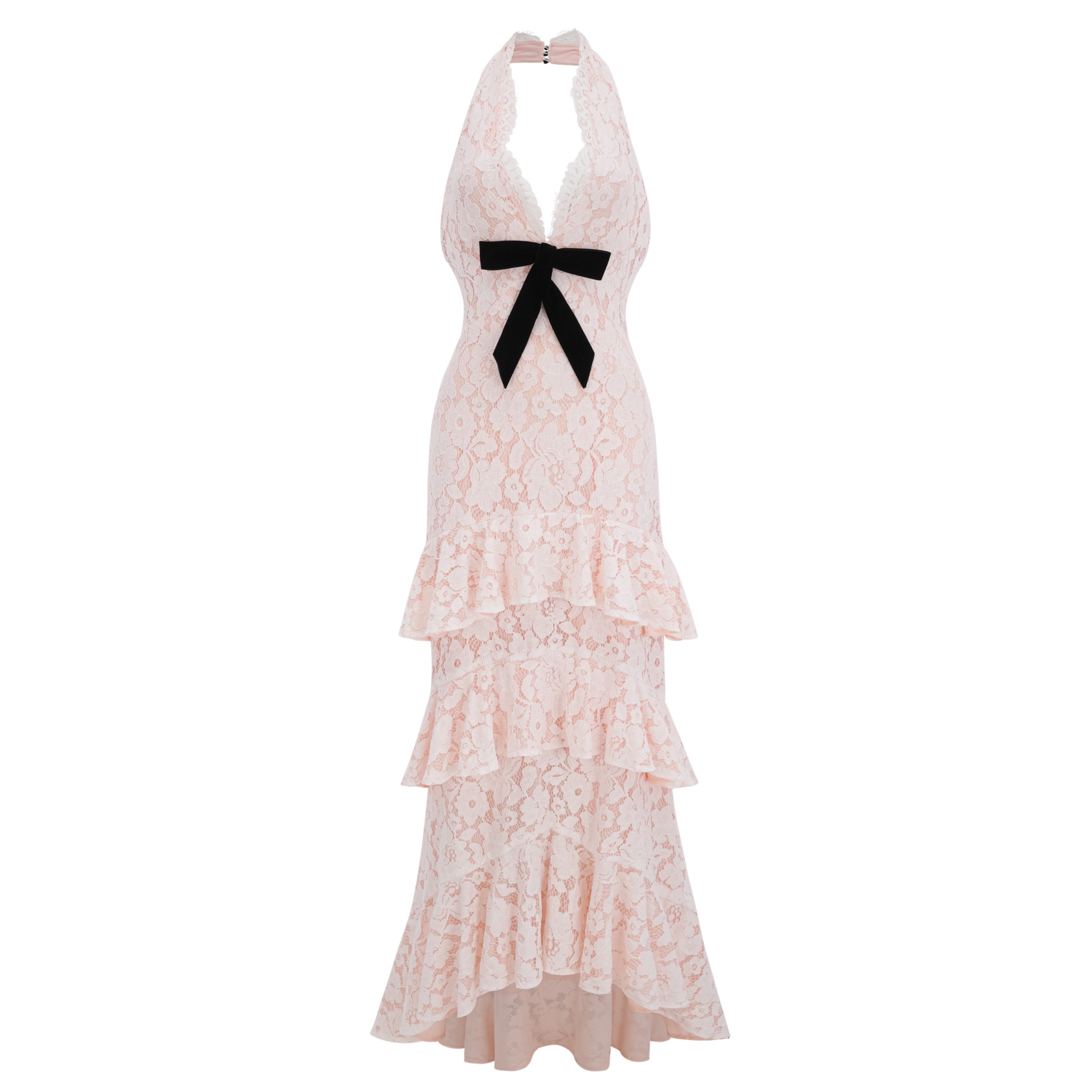 Zehra Beige Halterneck Tiered Lace Maxi Dress with Bow Detail
