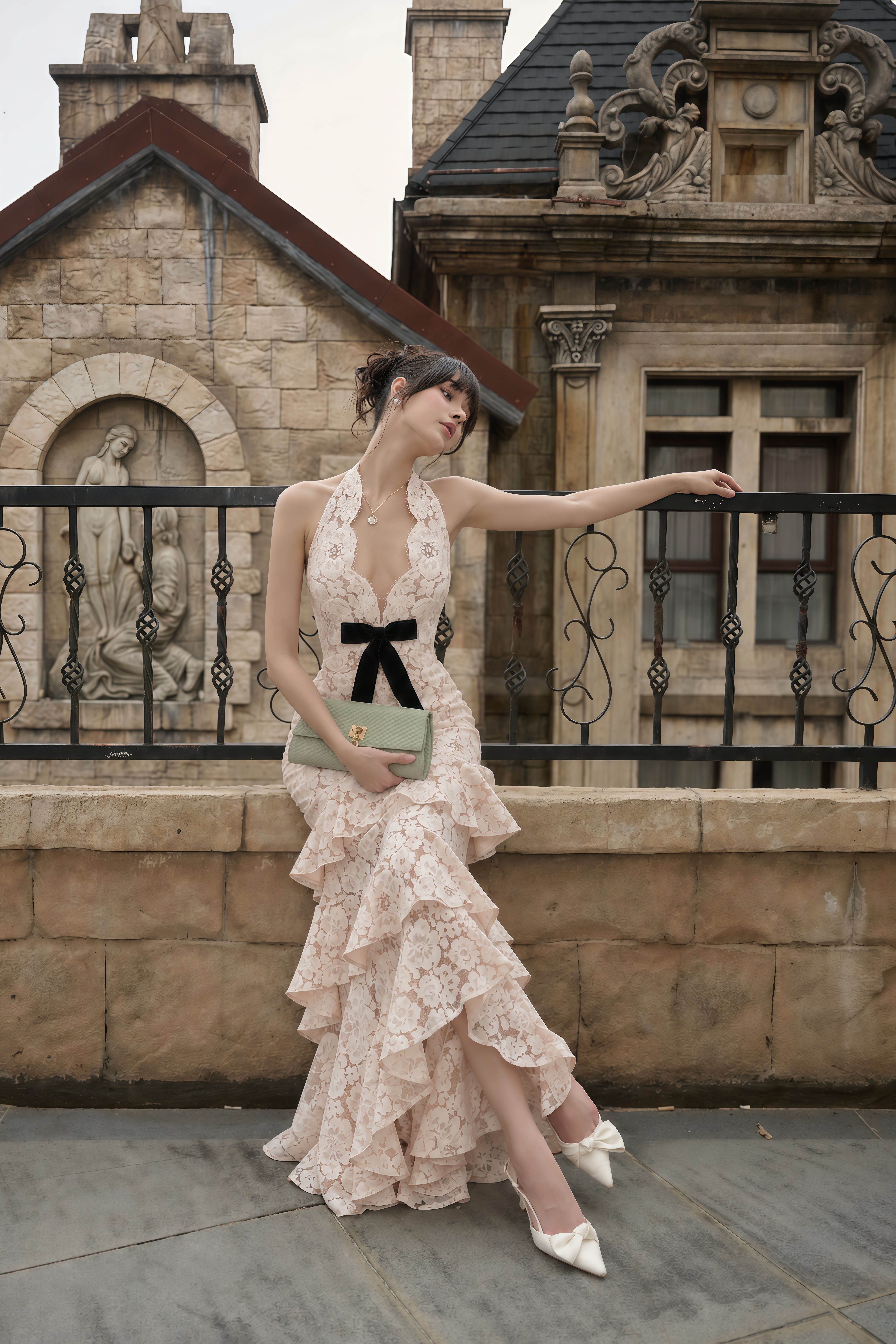 Zehra Beige Halterneck Tiered Lace Maxi Dress with Bow Detail