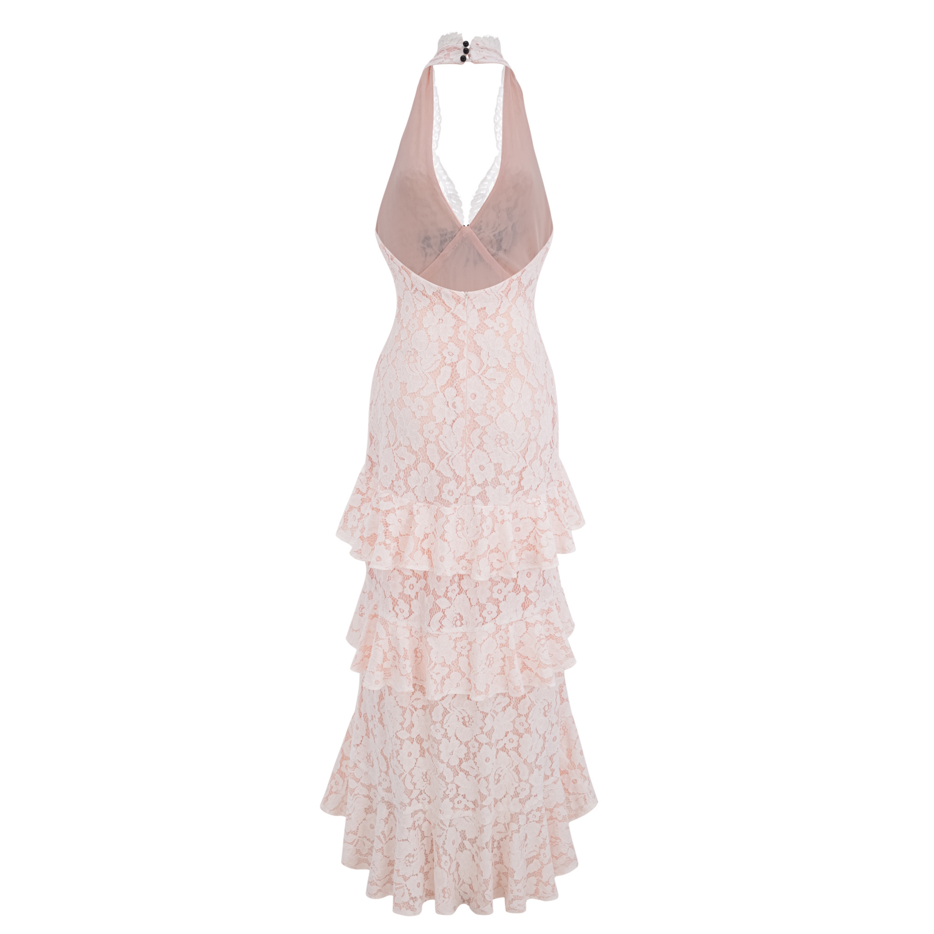 Zehra Beige Halterneck Tiered Lace Maxi Dress with Bow Detail