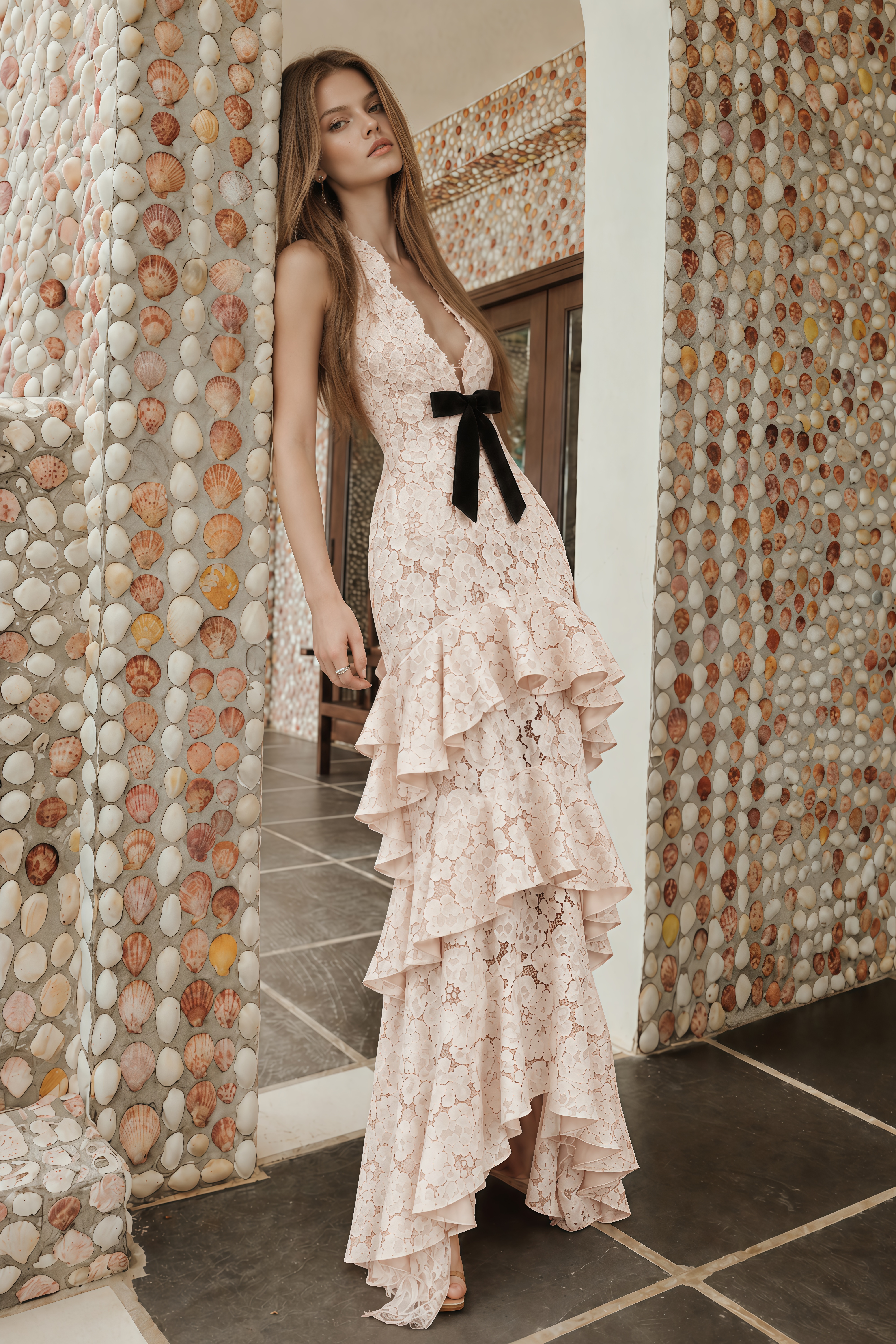 Zehra Beige Halterneck Tiered Lace Maxi Dress with Bow Detail