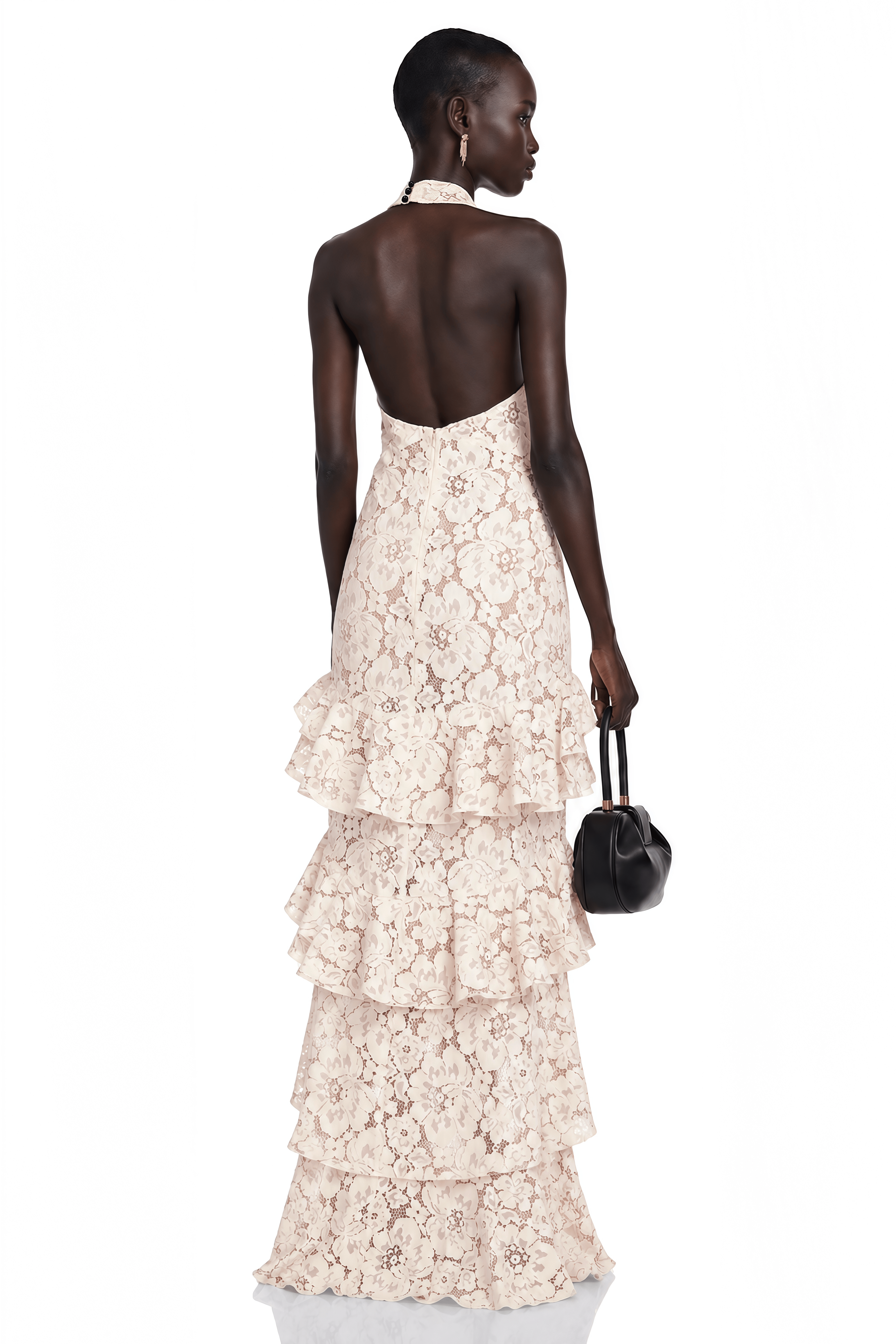 Zehra White Halterneck Tiered Lace Maxi Dress with Bow Detail