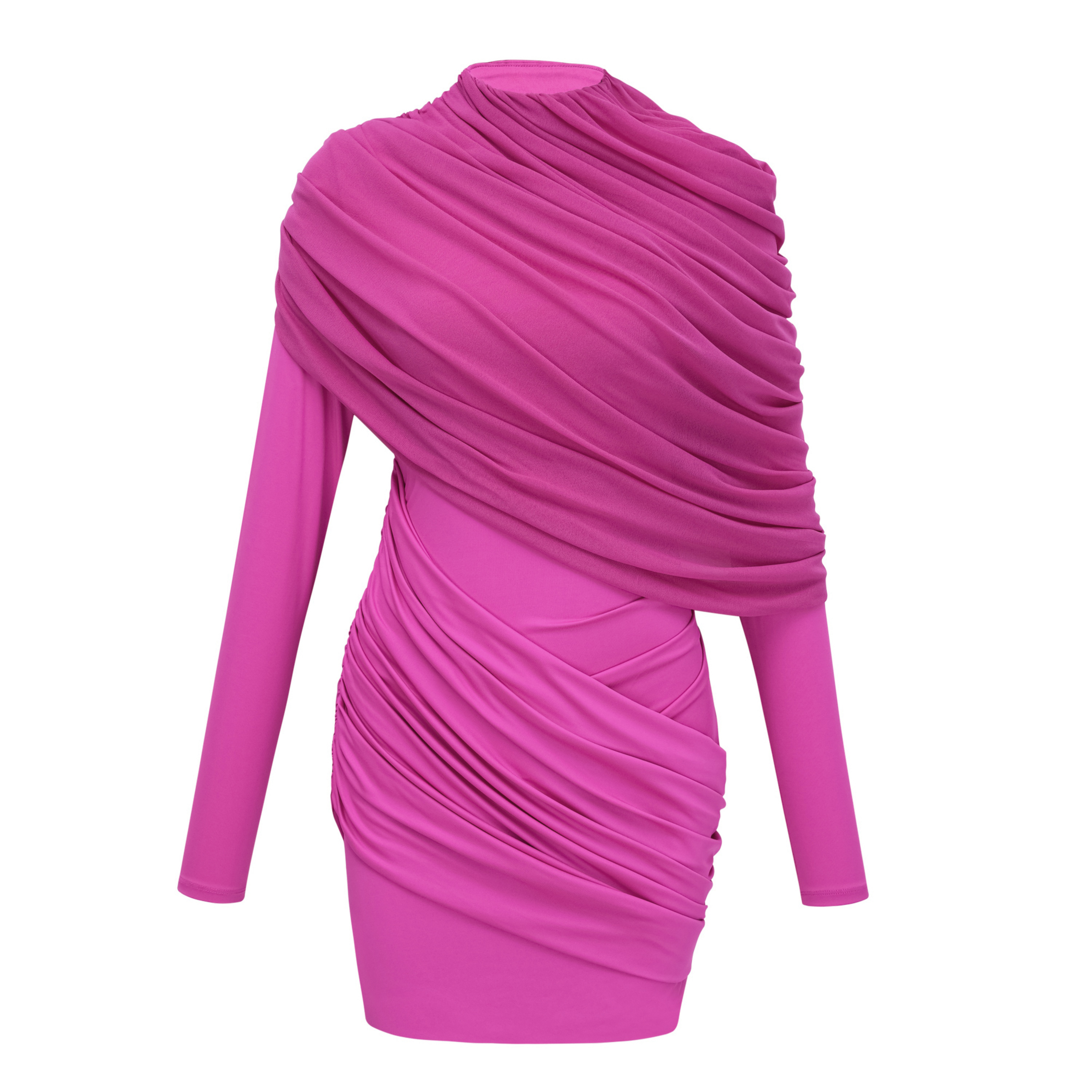 Zelmira Fuchsia Draped Long Sleeves Mini Dress