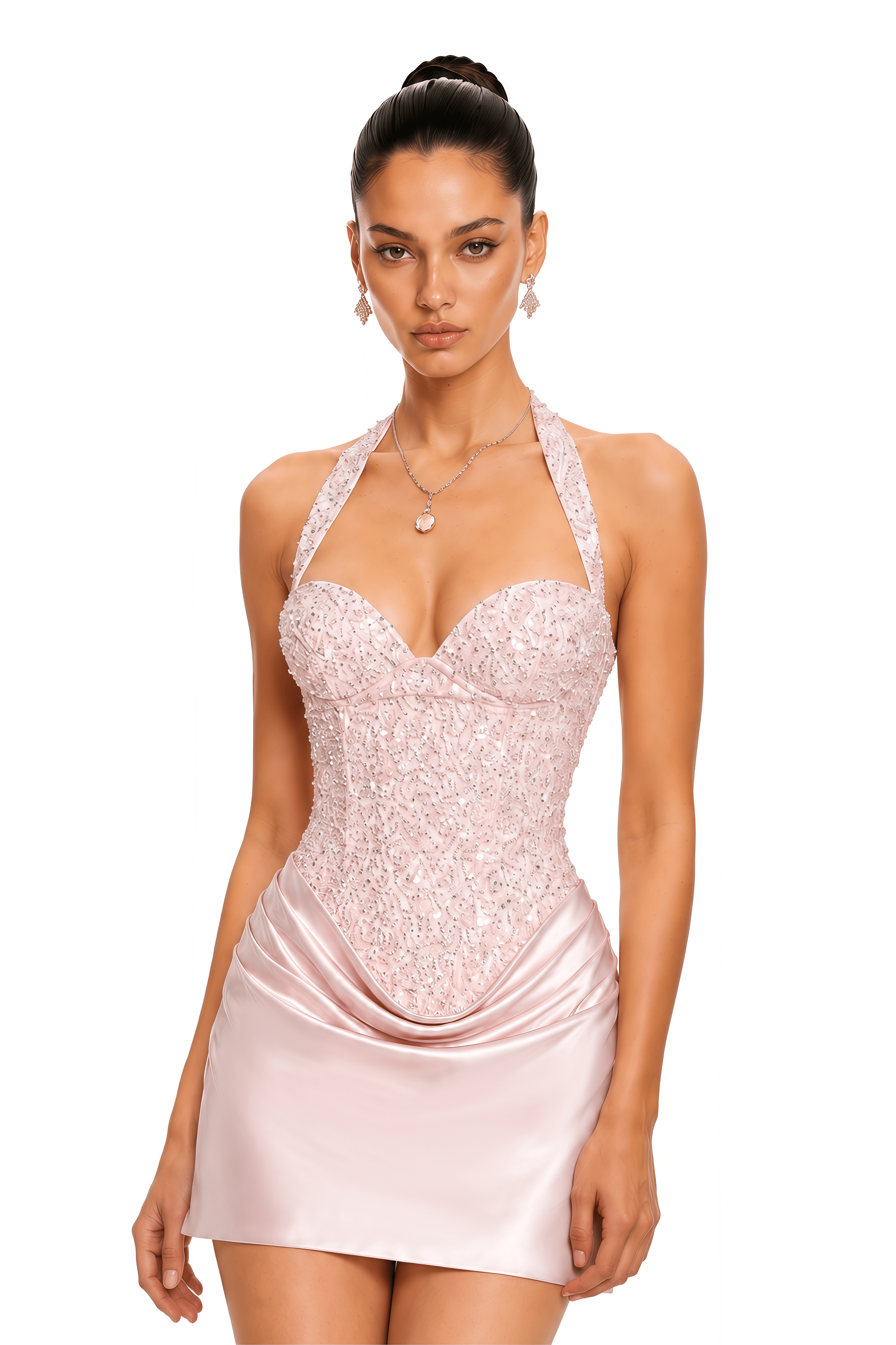Zeyneb Pink Halterneck Sequin Satin Mini Dress