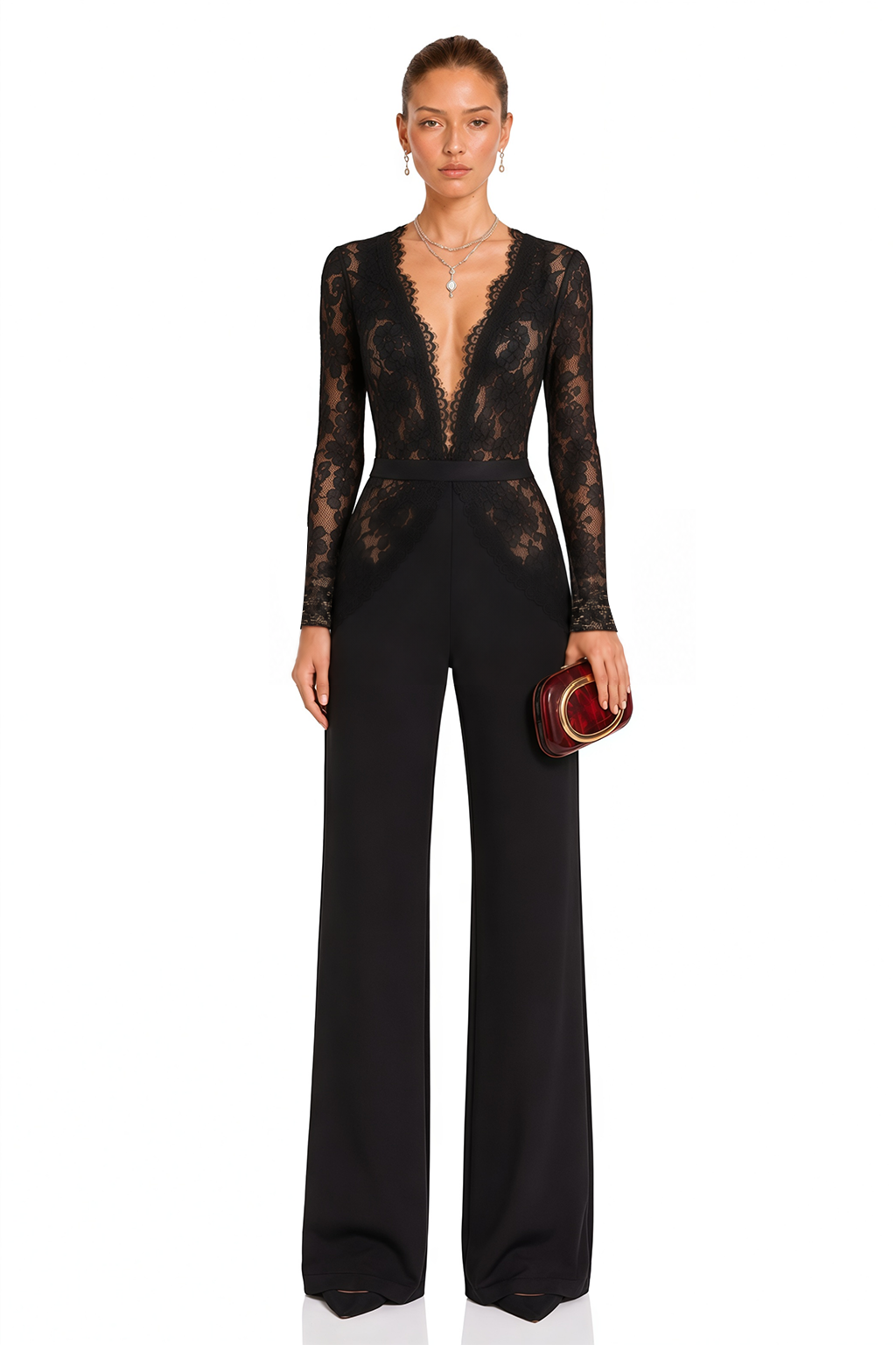 Zhadana Black Semi-Sheer Lace Panel Jumpsuit