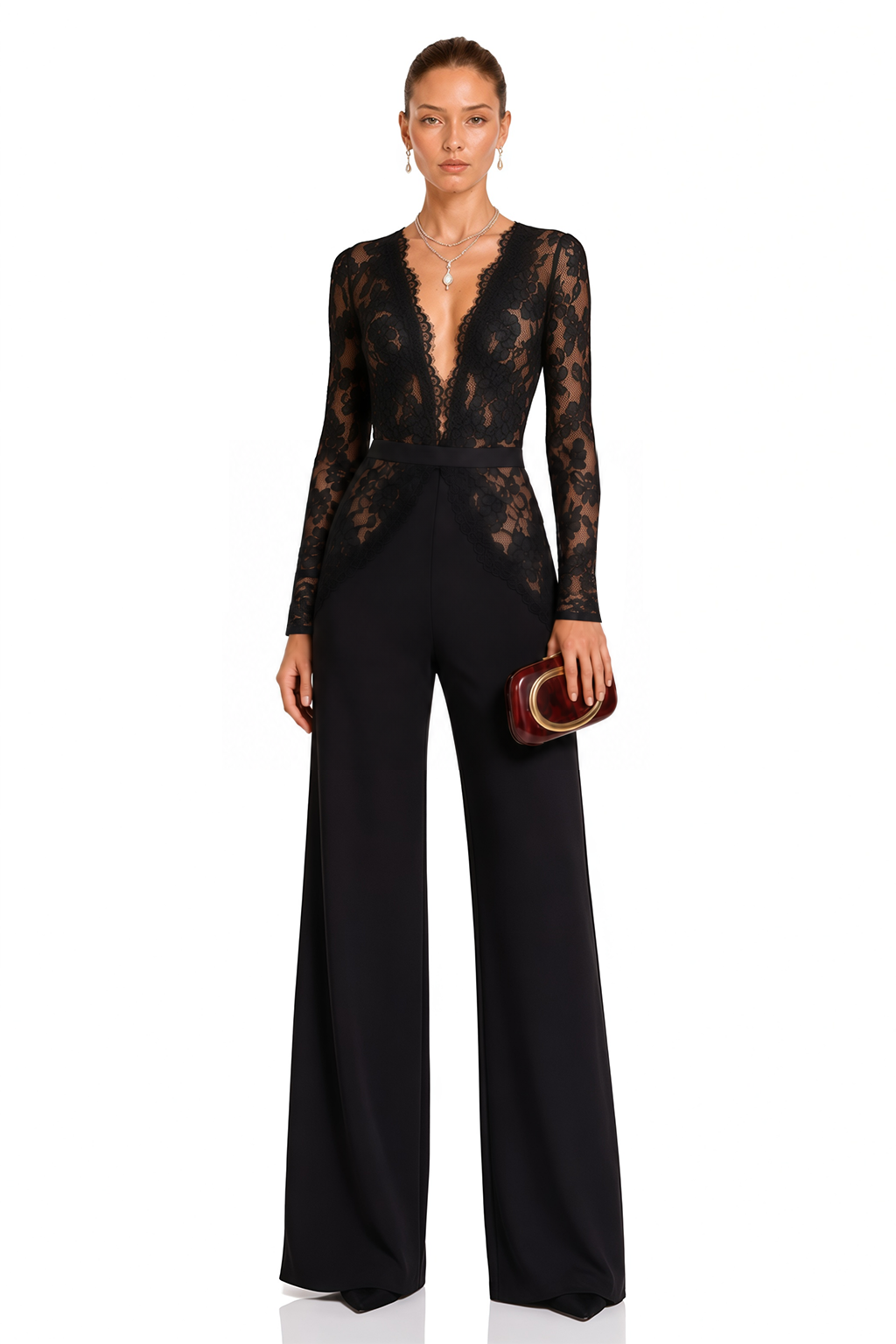 Zhadana Black Semi-Sheer Lace Panel Jumpsuit