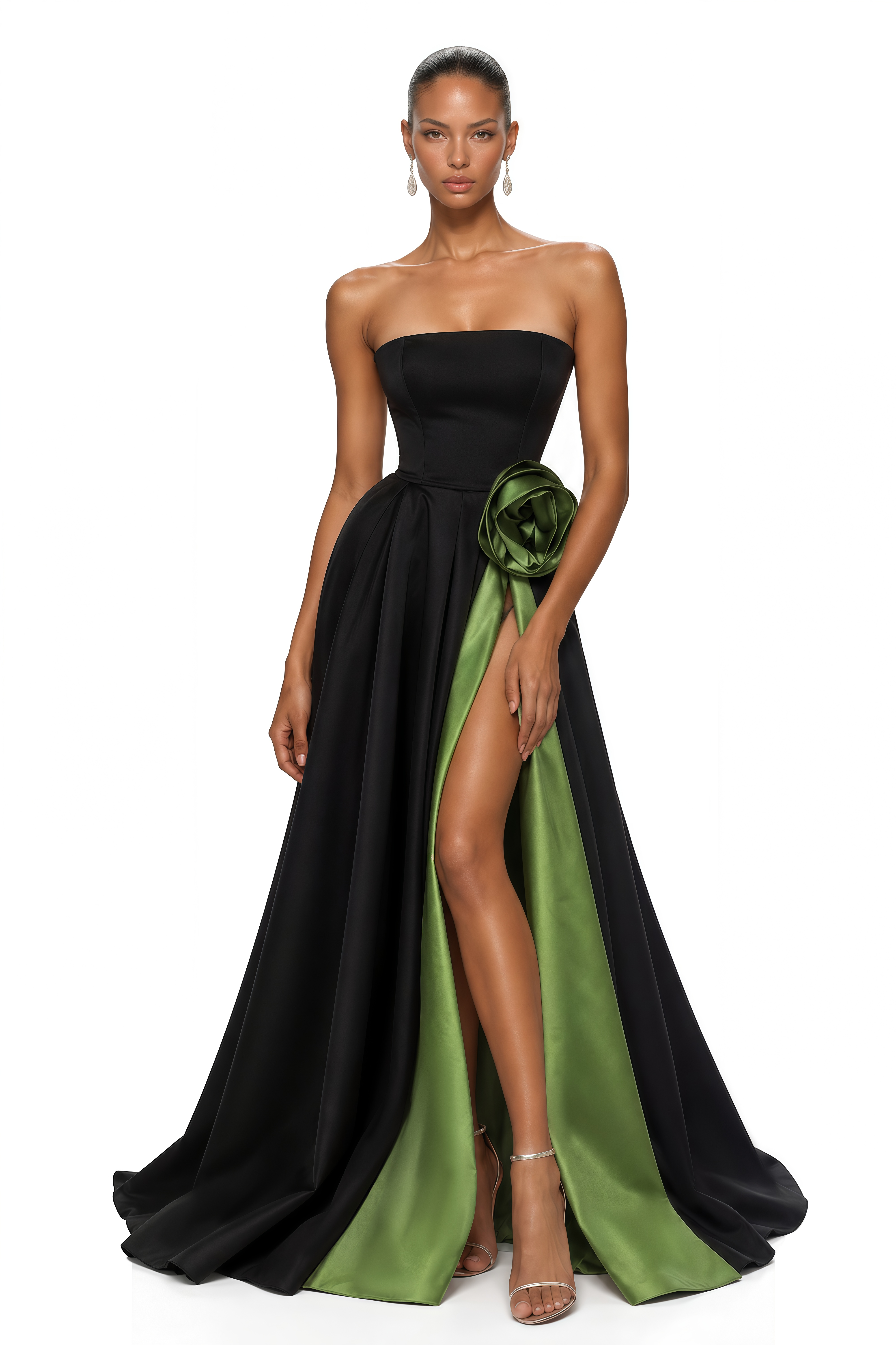 Zinnia Black & Olive Green 3D Rose Strapless Maxi Gown