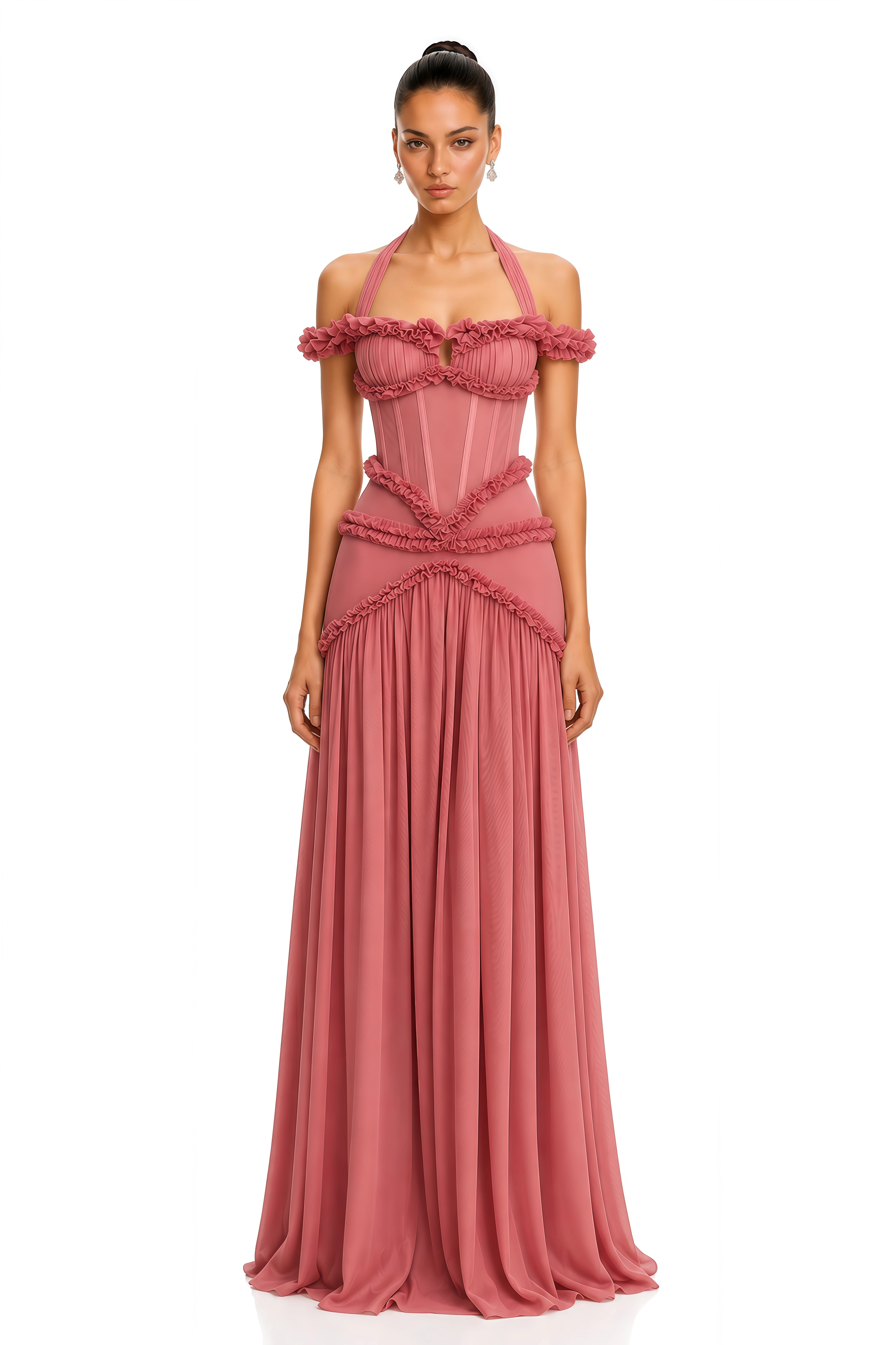 Zinnia Pink Ruffle Corset Halterneck Maxi Dress
