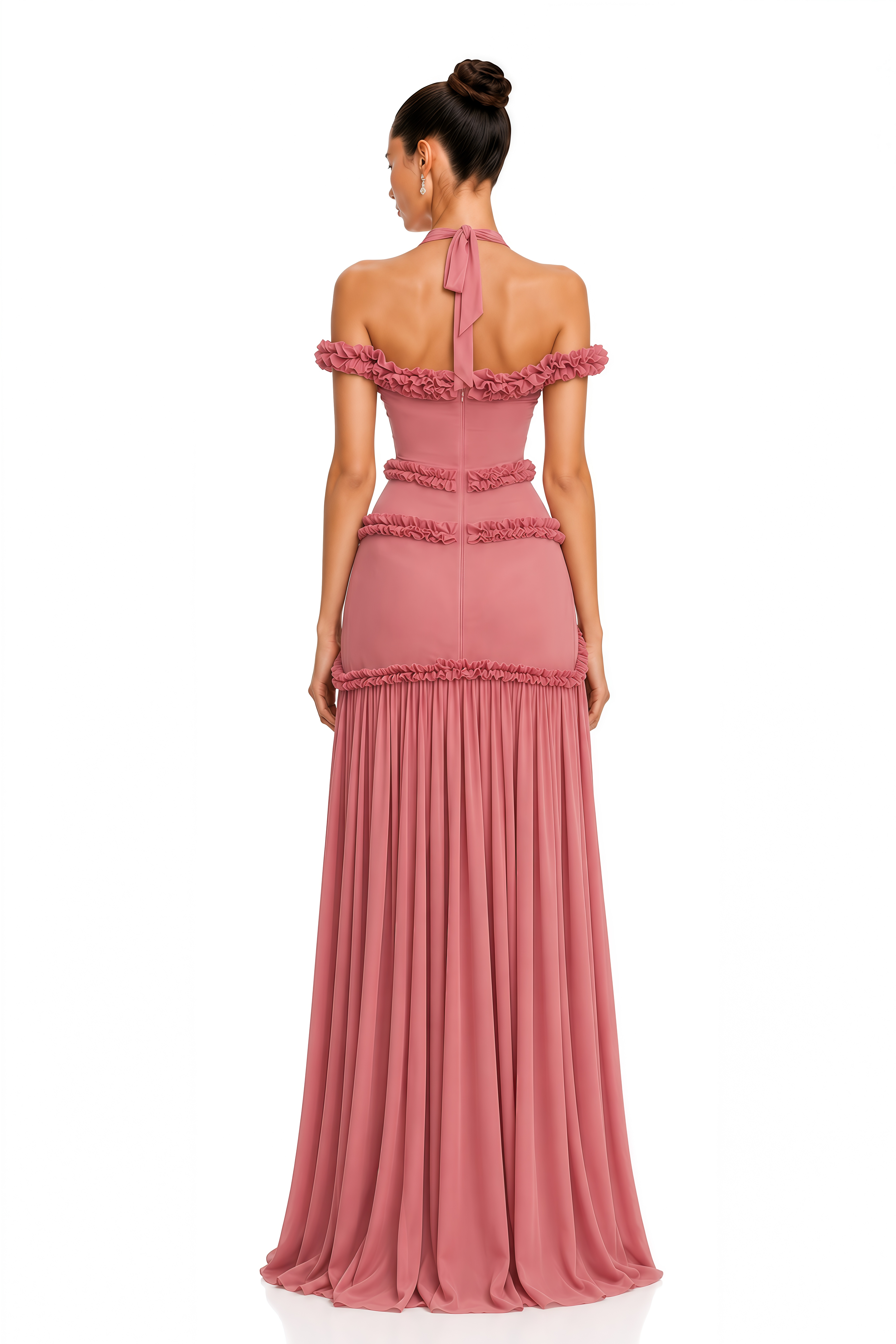 Zinnia Pink Ruffle Corset Halterneck Maxi Dress