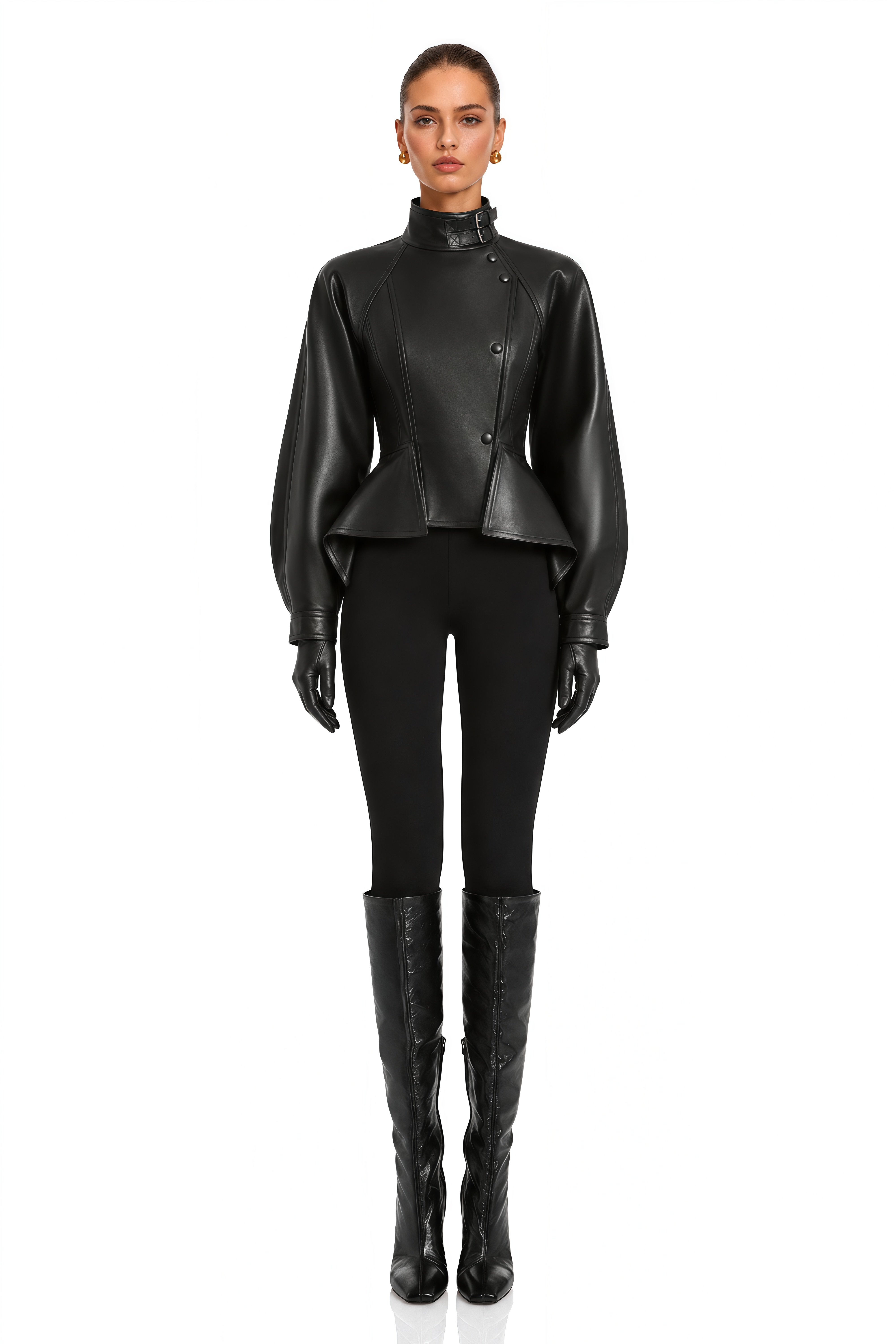Zivra Black Buckled High Neck Faux Leather Peplum Jacket