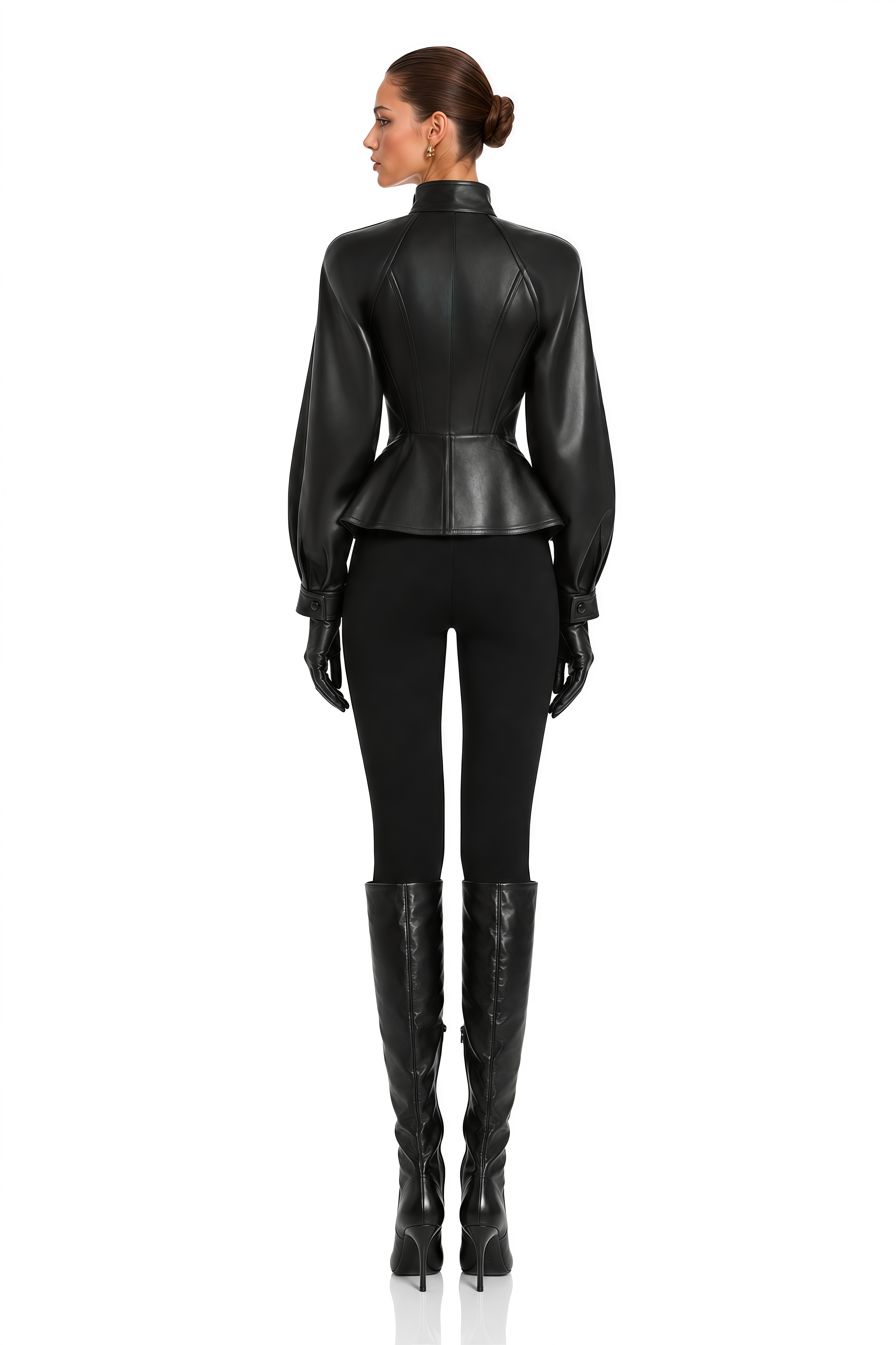 Zivra Black Buckled High Neck Faux Leather Peplum Jacket