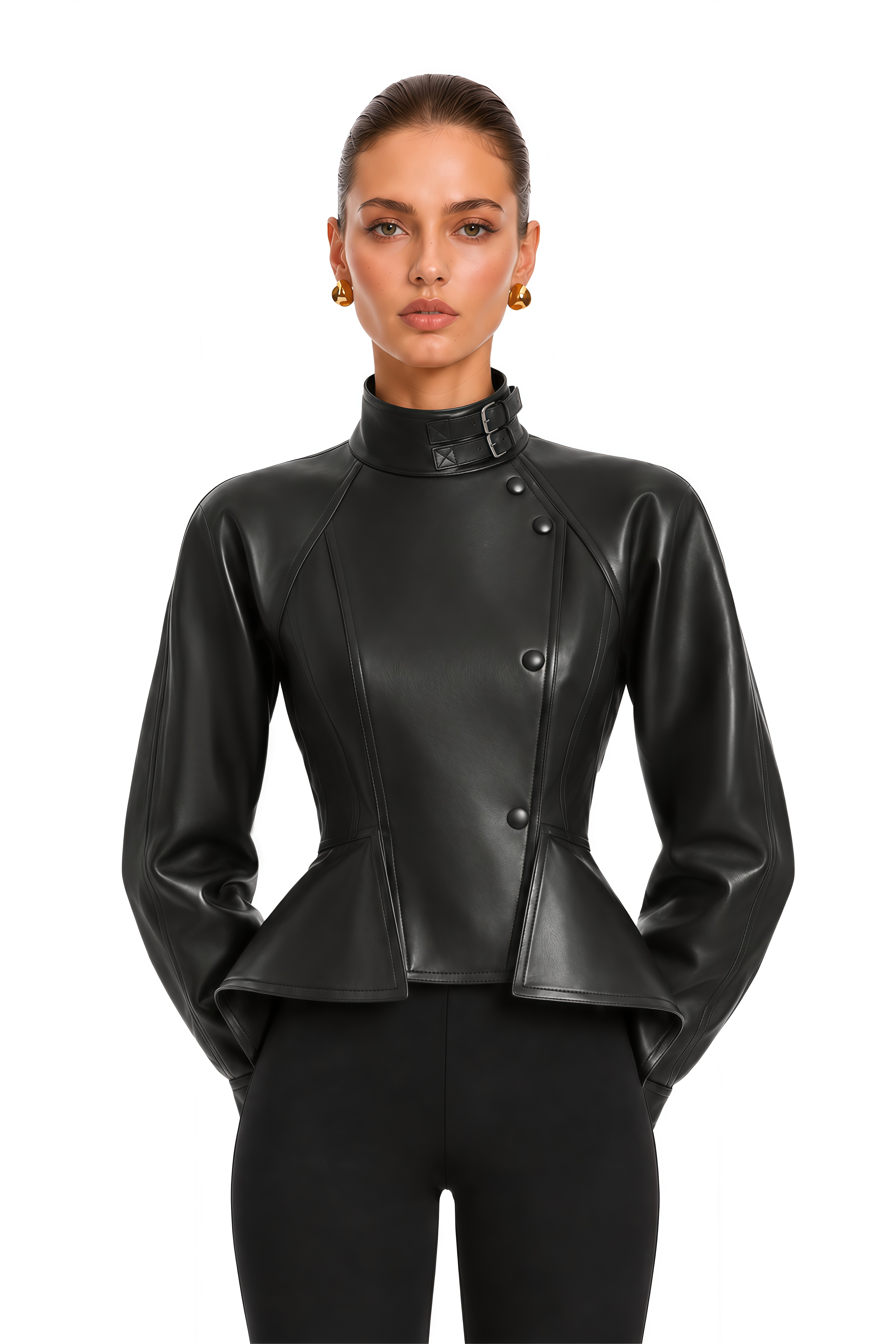 Zivra Black Buckled High Neck Faux Leather Peplum Jacket