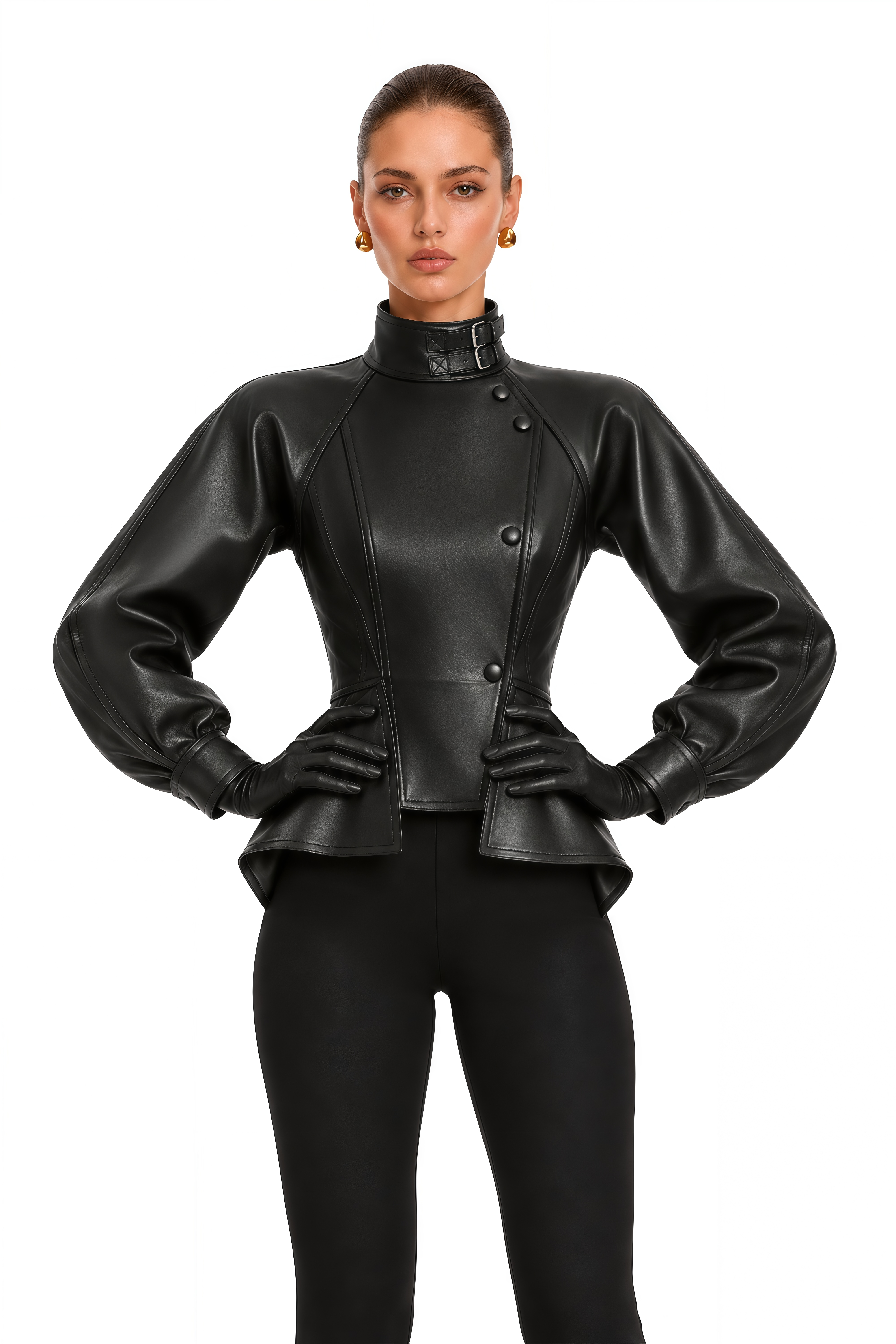 Zivra Black Buckled High Neck Faux Leather Peplum Jacket