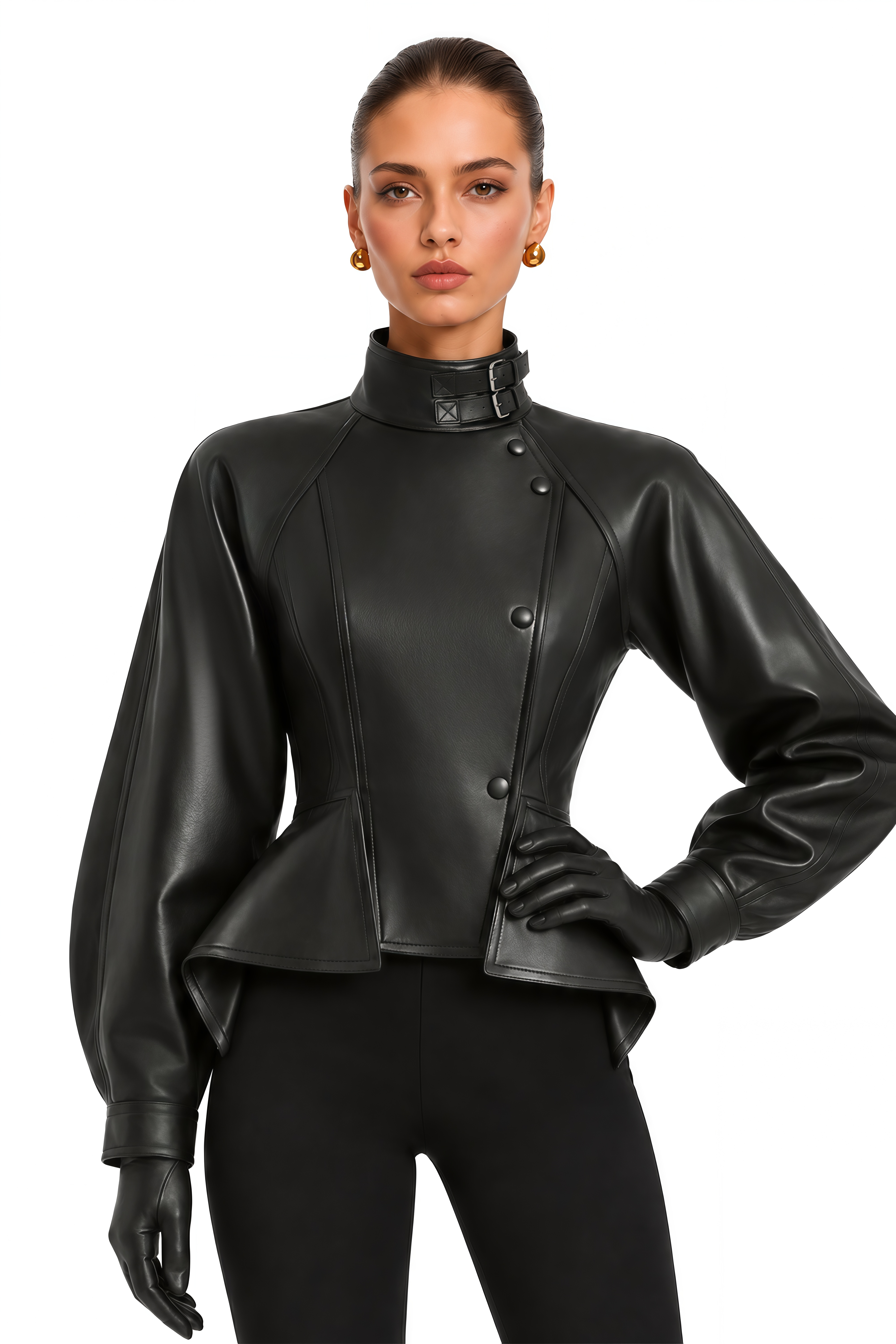 Zivra Black Buckled High Neck Faux Leather Peplum Jacket