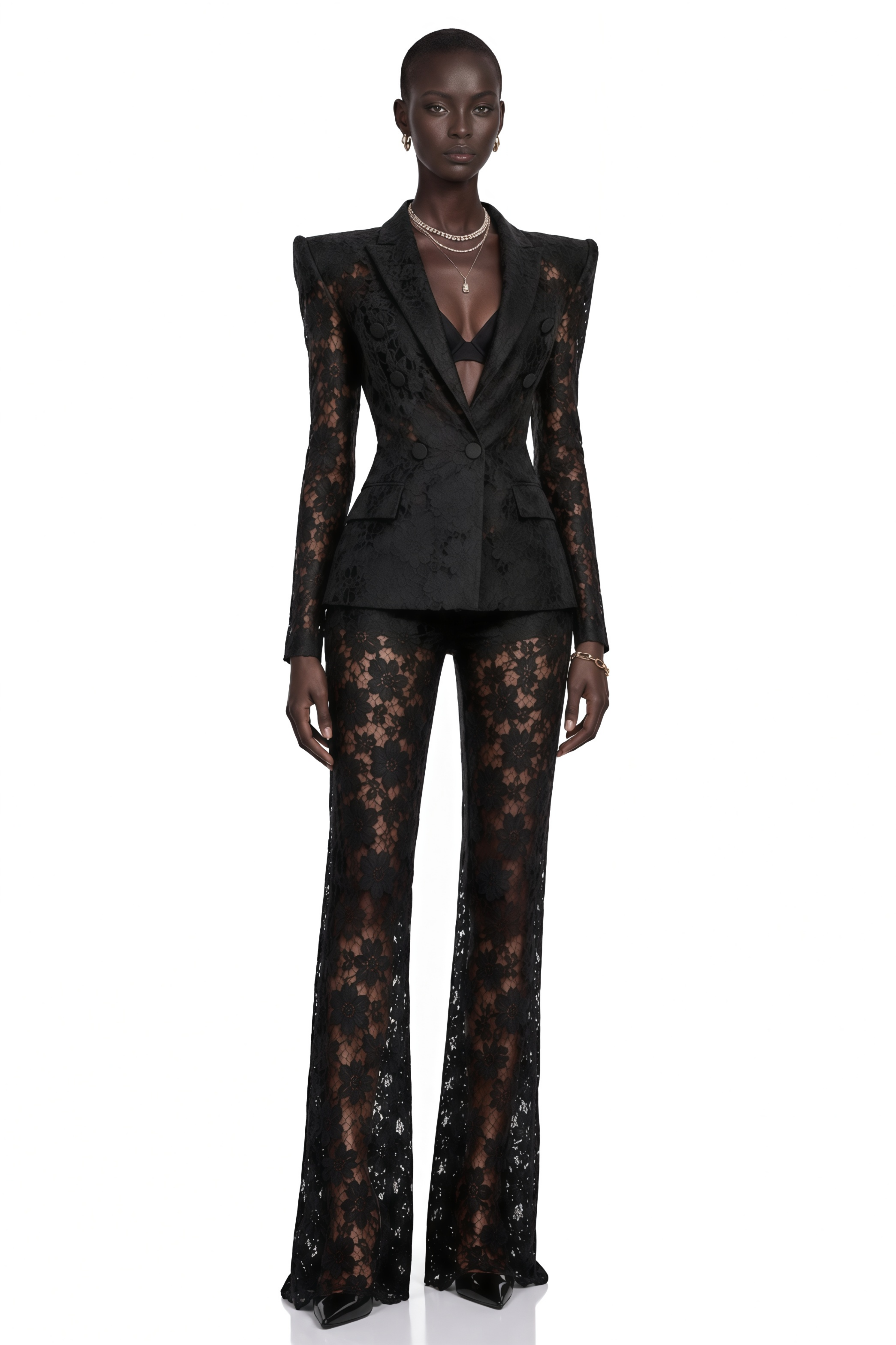 Zoé Black Sheer Lace Blazer & Trousers Matching Set