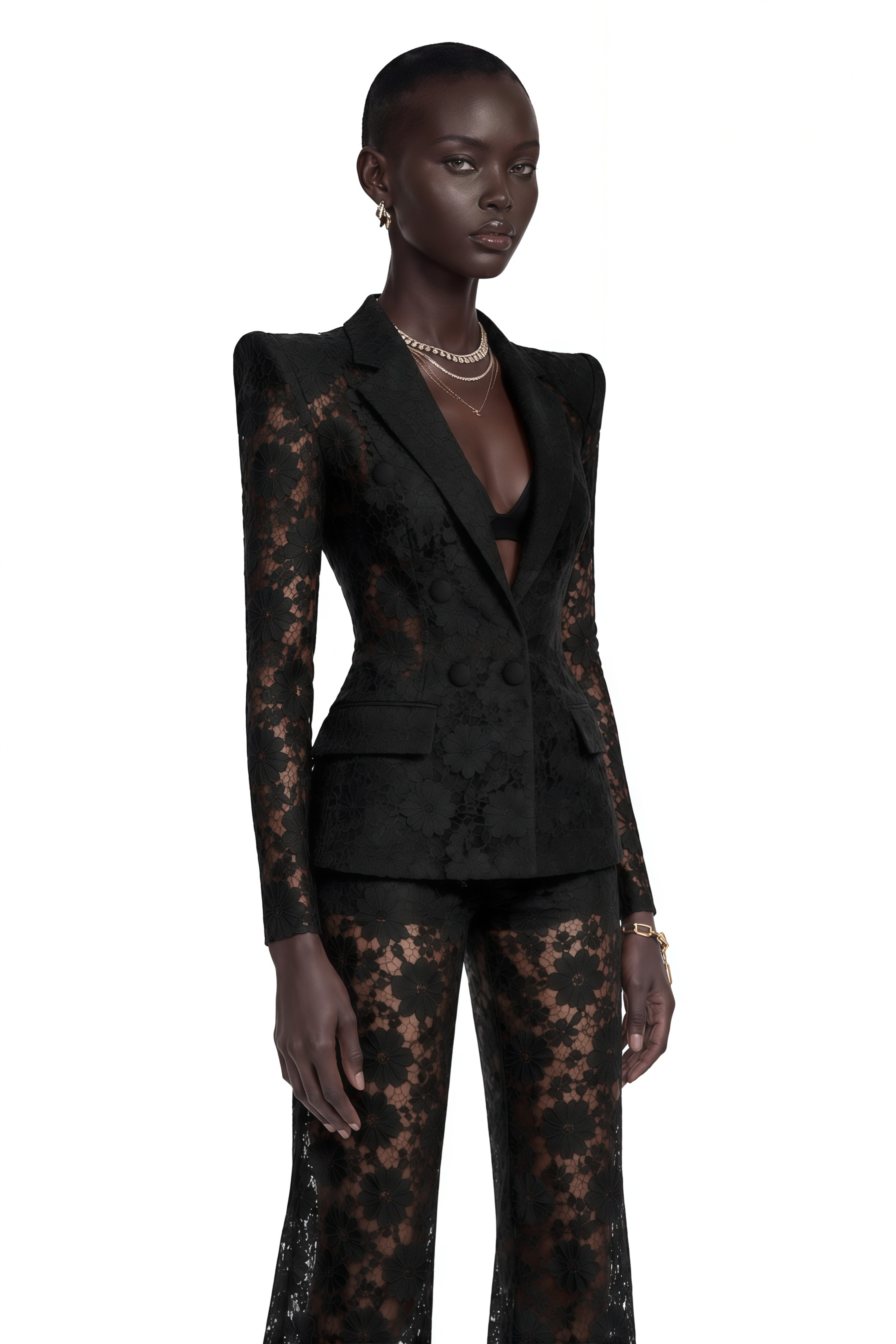Zoé Black Sheer Lace Blazer & Trousers Matching Set