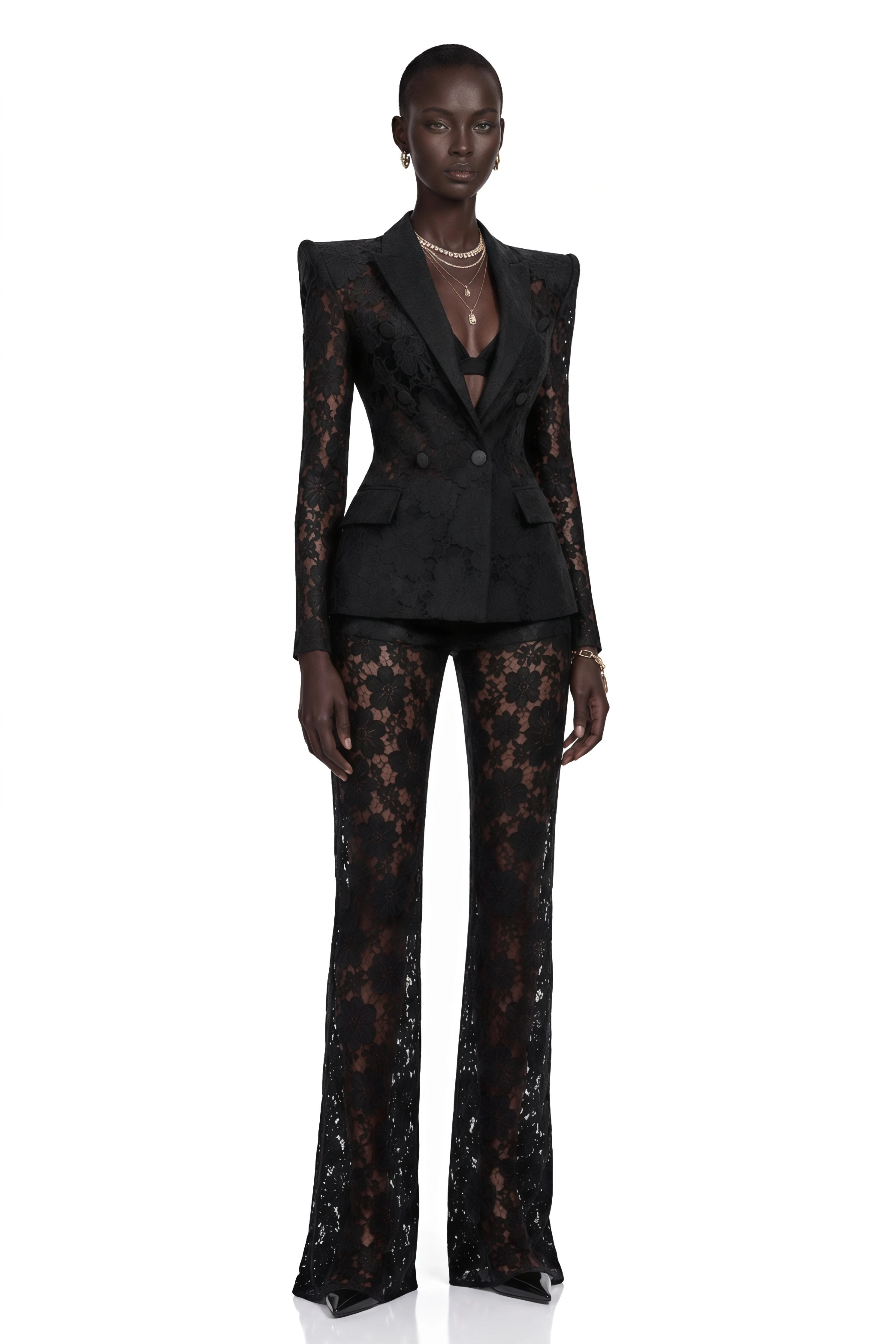 Zoé Black Sheer Lace Blazer & Trousers Matching Set