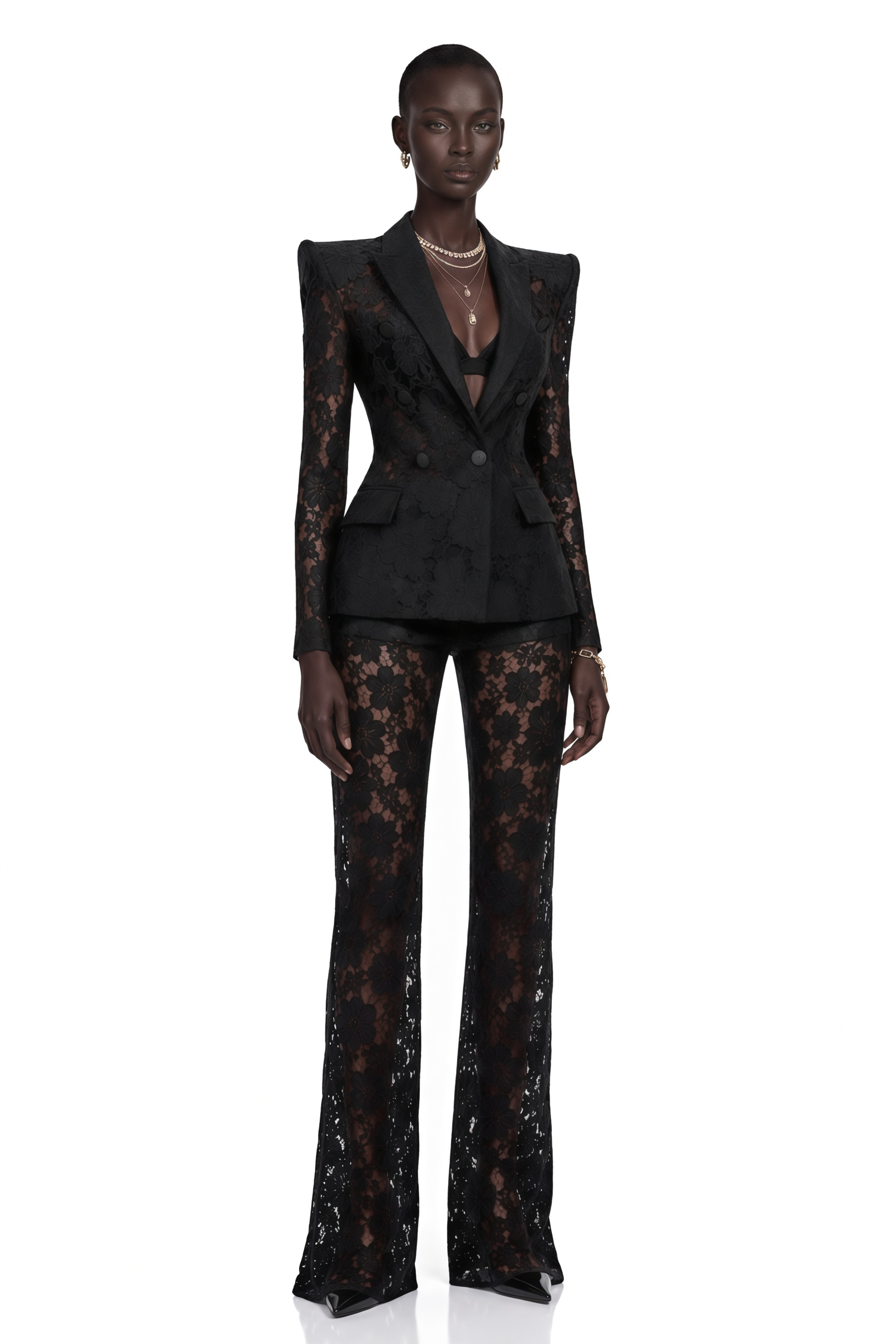 Zoé Black Sheer Lace Blazer & Trousers Matching Set