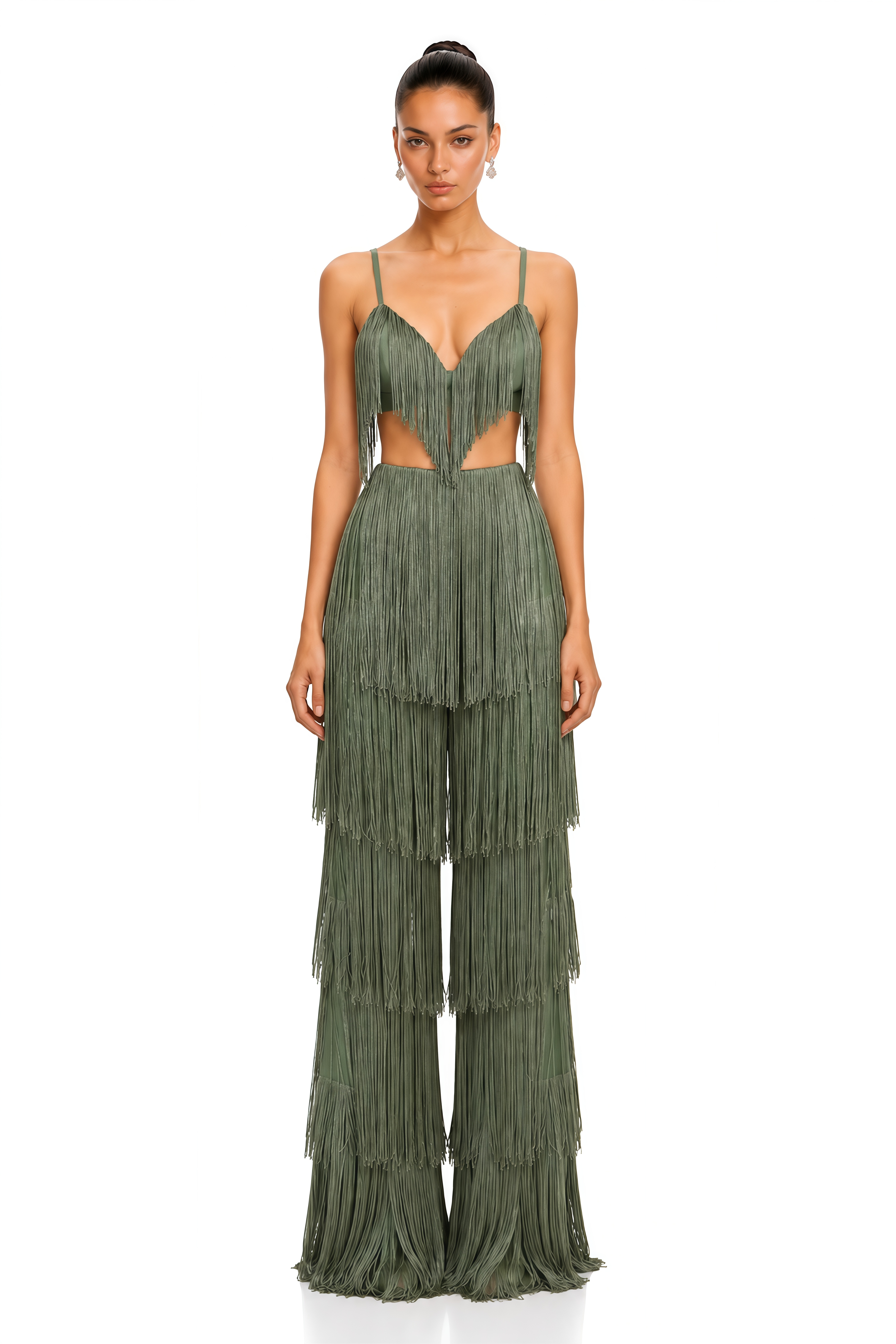 Zosia Olive Green Fringe Crop Top & Tiered Wide Leg Trousers Set