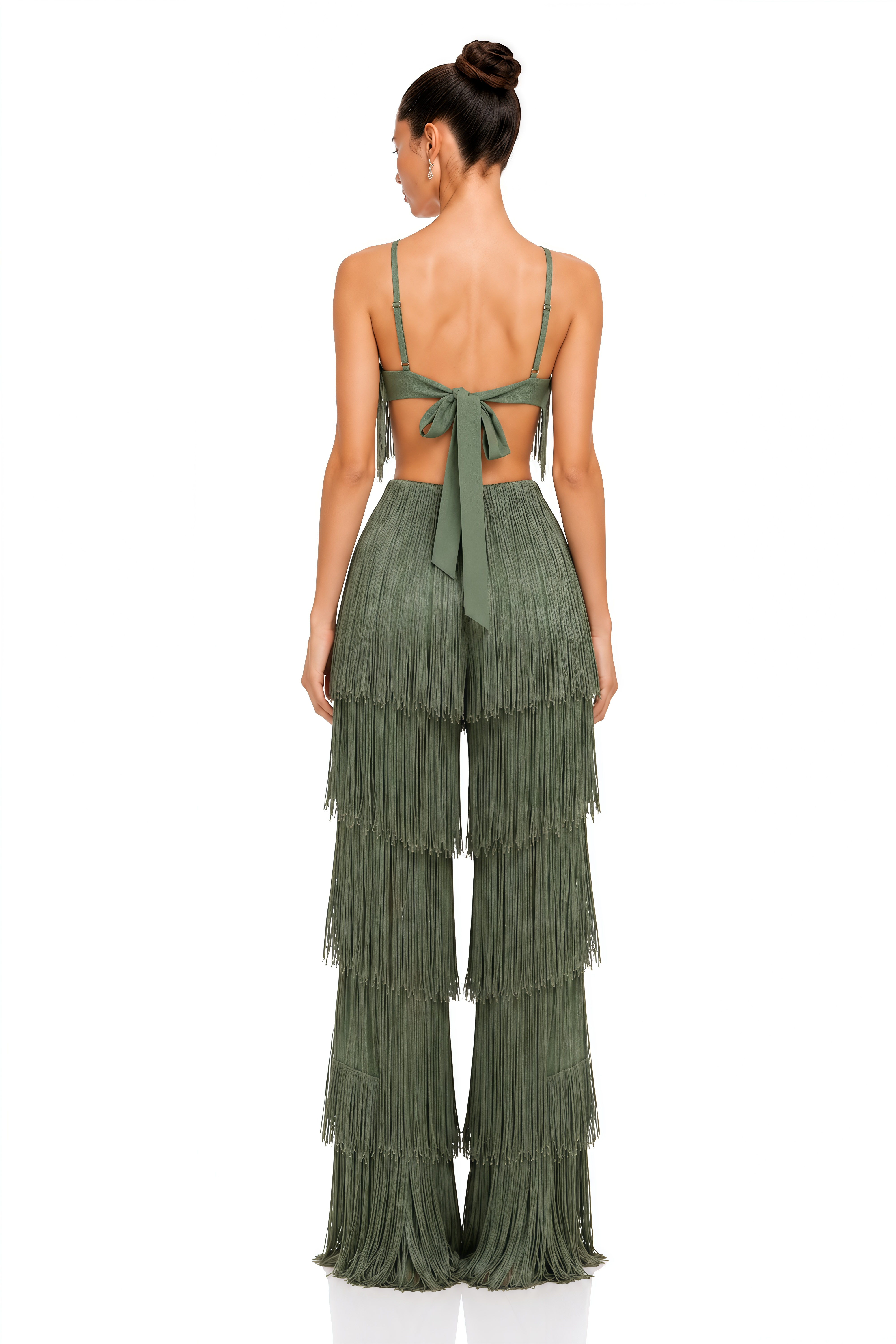 Zosia Olive Green Fringe Crop Top & Tiered Wide Leg Trousers Set