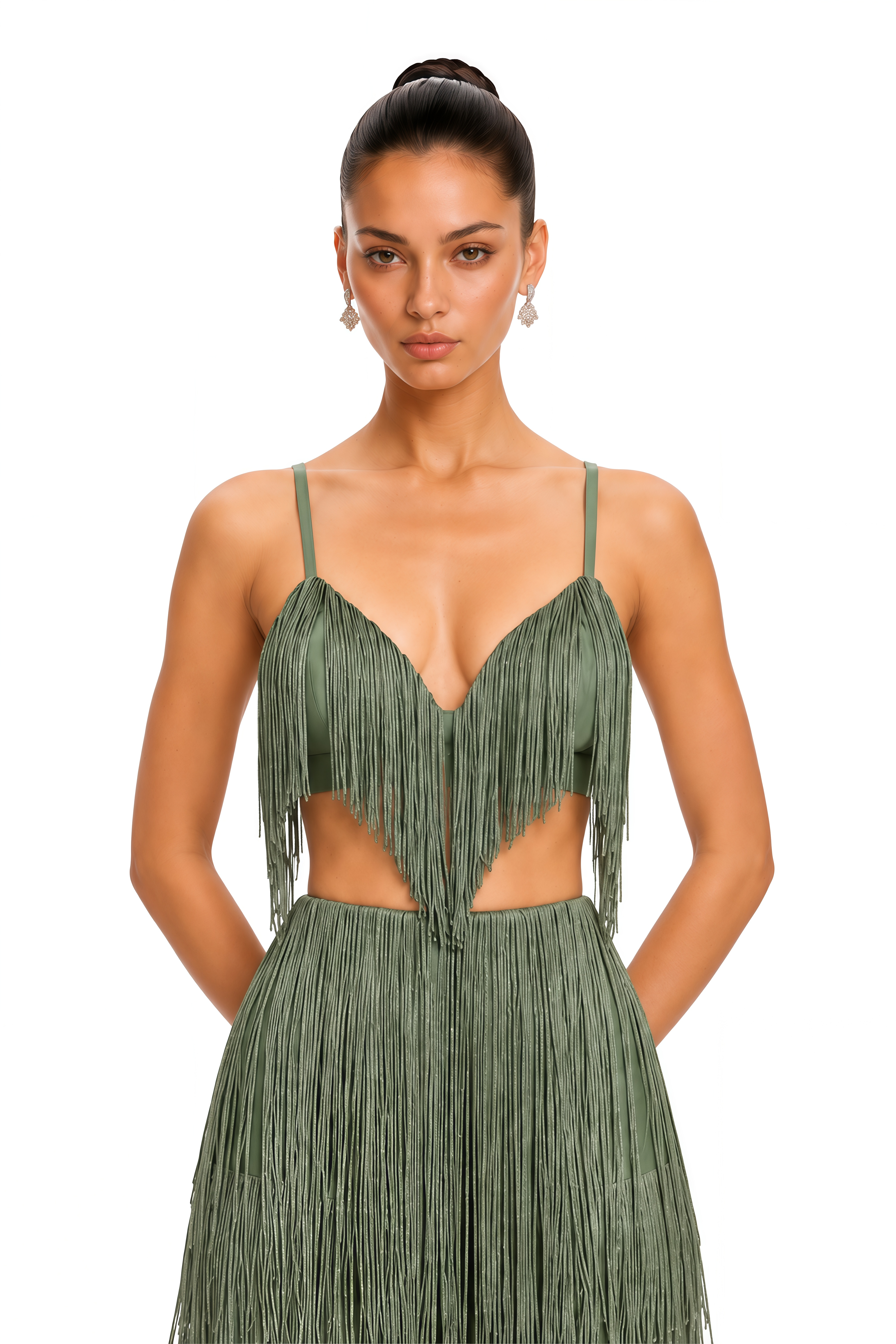 Zosia Olive Green Fringe Crop Top & Tiered Wide Leg Trousers Set