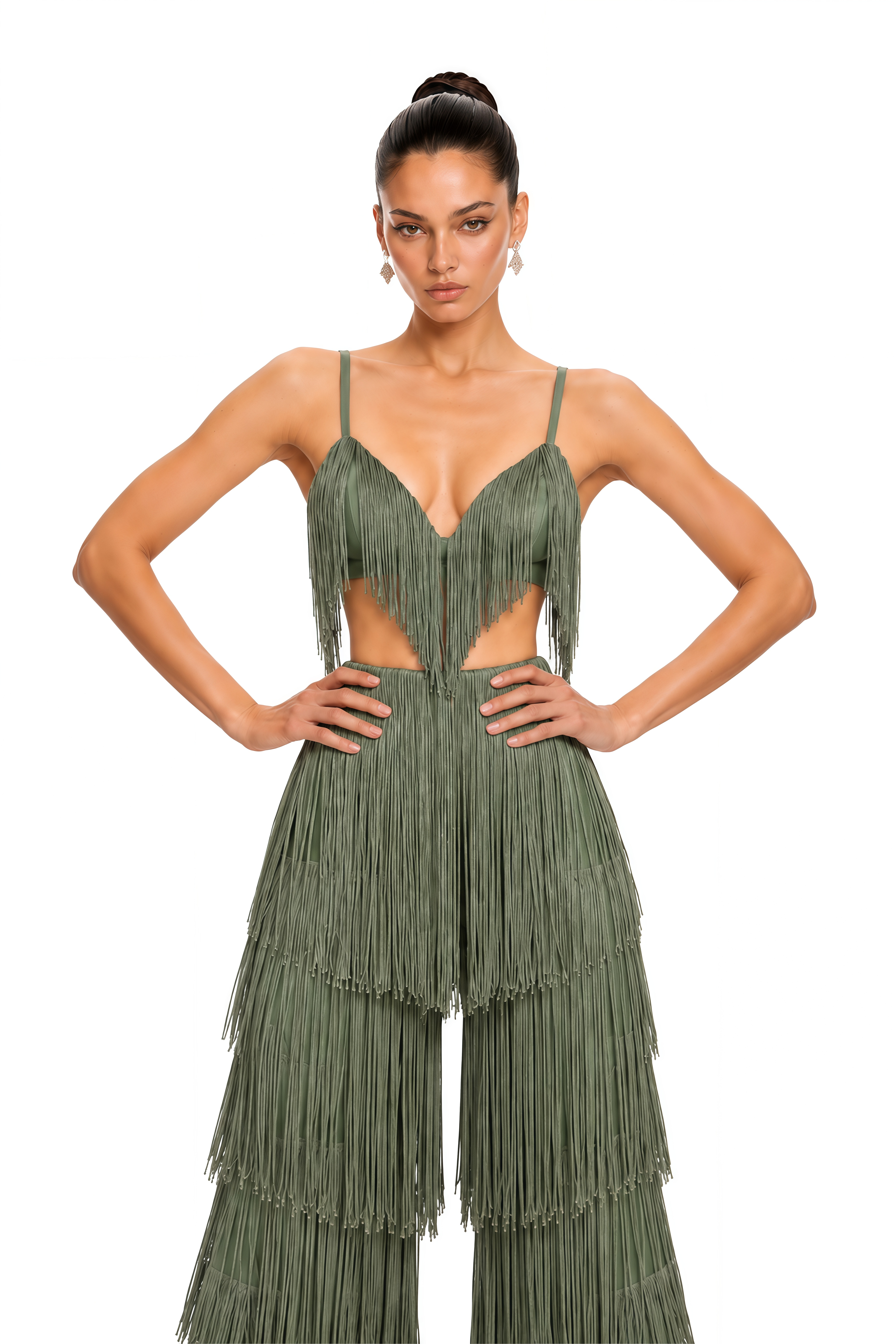 Zosia Olive Green Fringe Crop Top & Tiered Wide Leg Trousers Set