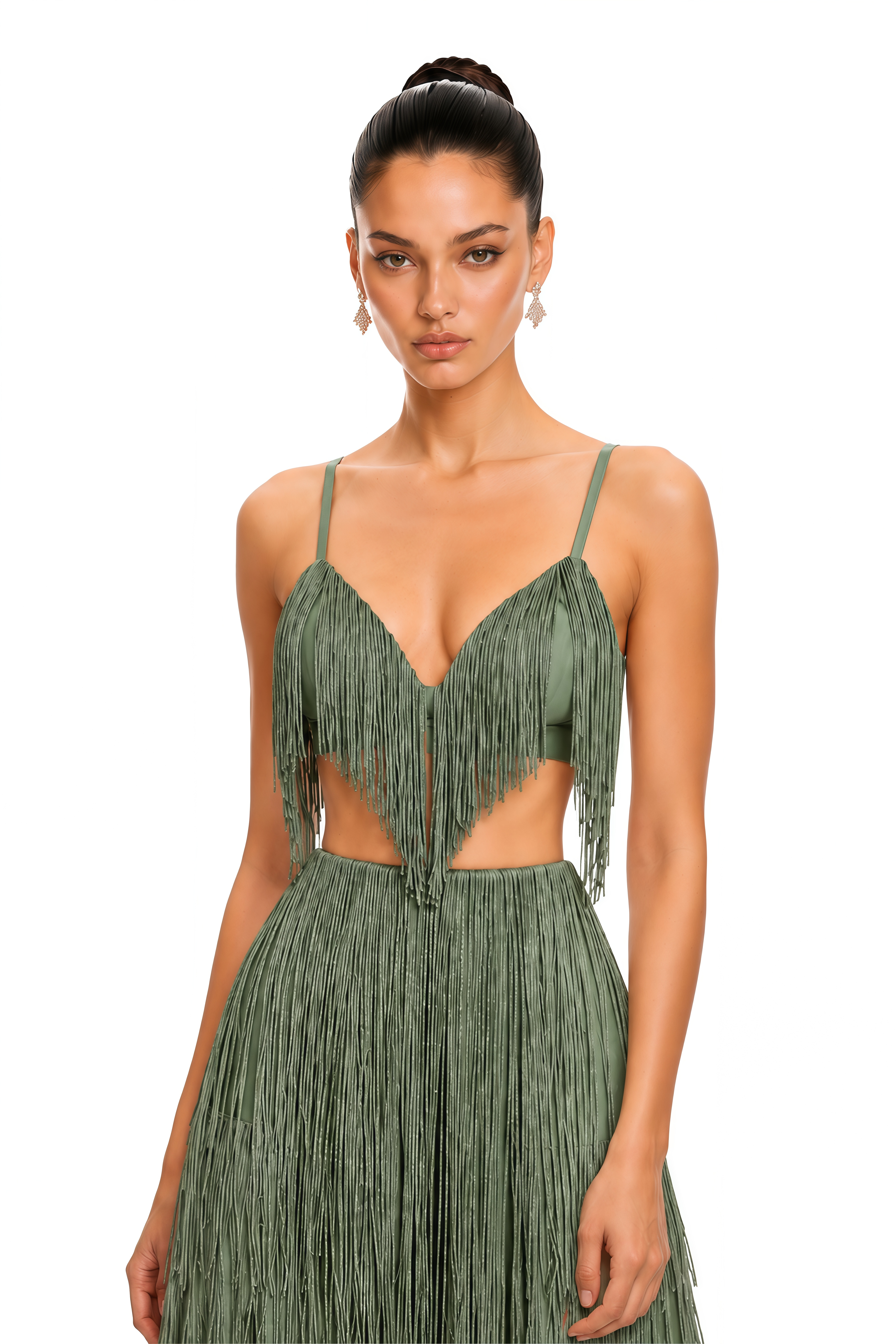 Zosia Olive Green Fringe Crop Top & Tiered Wide Leg Trousers Set